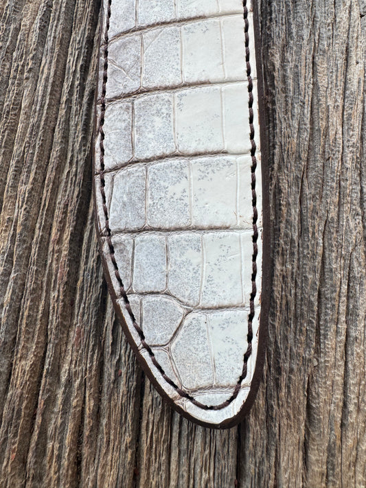 New Randall Model 1-8 or 2-8 Sheath in Exotic white and black Natural Croc with full leather belt loop. Custom Made at Sullivan’s by Gutcher with Randall stamp on back and snap.