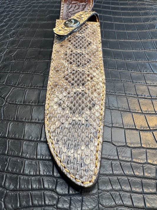 Randall Model 14 in rare Rattlesnake, Straight hilt, Canteen Snap, full brass stamping and stitching.