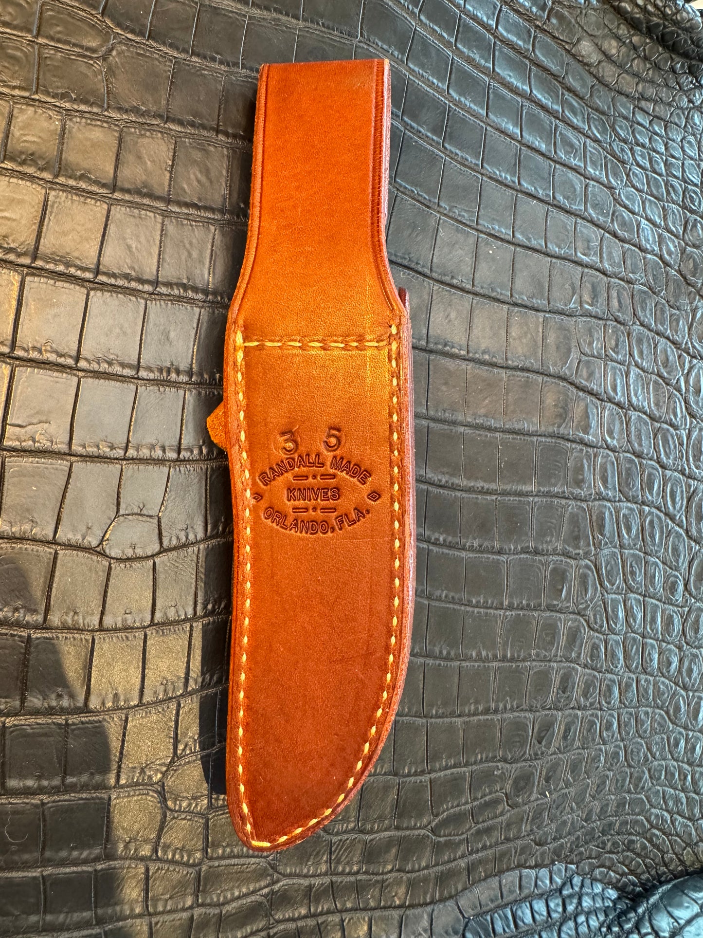 New unused Randall Model 3-5 Sheath in Brown Leather made at Sullivans by Gutcher in Tampa Florida. Official sheath maker for Randall Knives.