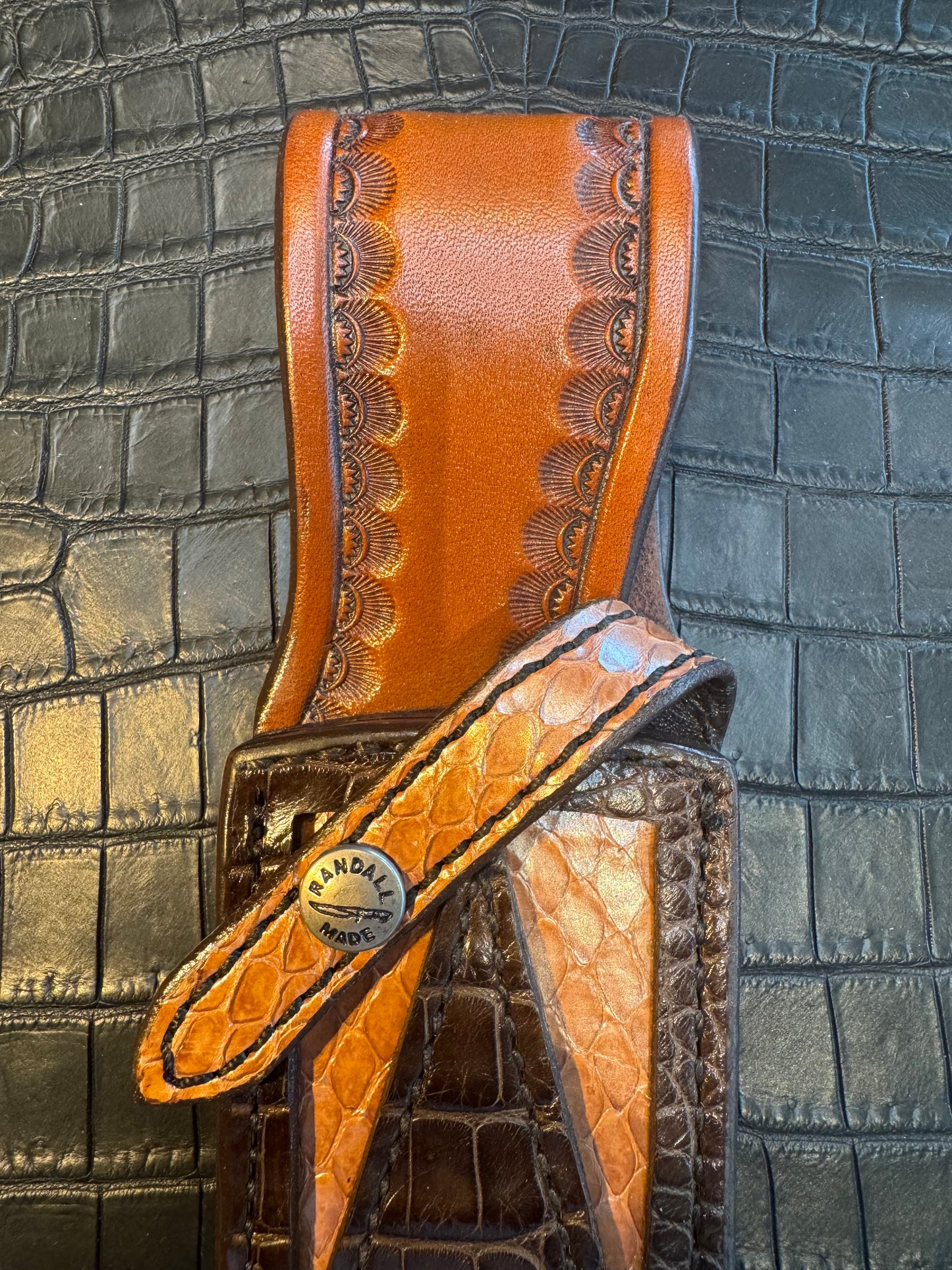 Randall Model Clinton Special Sheath in Exotic Diamond Pattern Inlaid with Brown Crocodile over Python Custom Made at Sullivan’s by Gutcher.