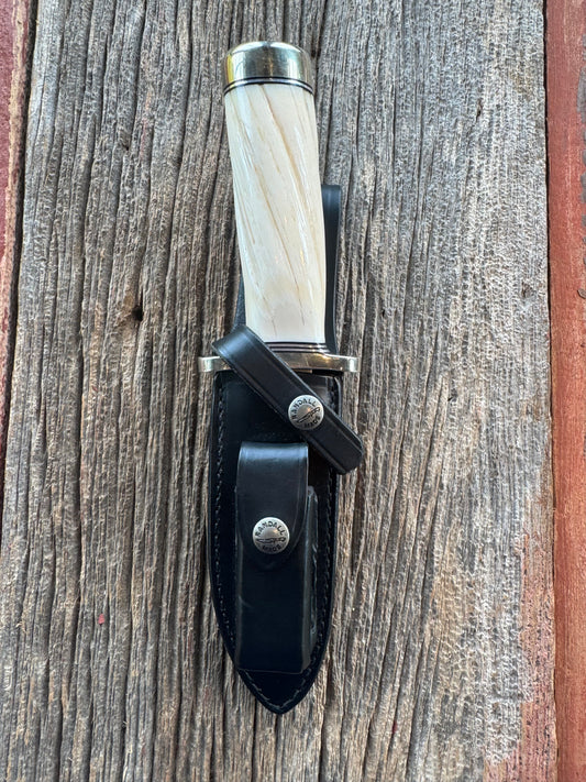 Rare Randall Model Combat Companion in Beautiful Spiraled Narwal, Nickel Silver Hilt and butt cap, black and silver spacers. SS Stunning and rare.