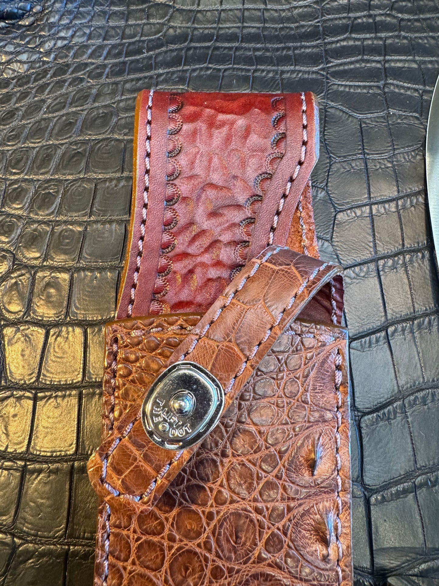 Randall Model 12-8 “Big Bear” Sheath in Exotic Brown Crocodile by Treeman. (Sheath only)