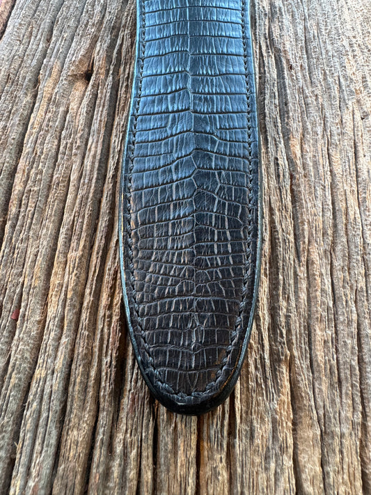 New Randall Model 2-8 Sheath in Exotic Black Natural Croc with full belt loop, back and front and loop in Black Croc( very rare) Custom Made at Sullivan’s by Gutcher.