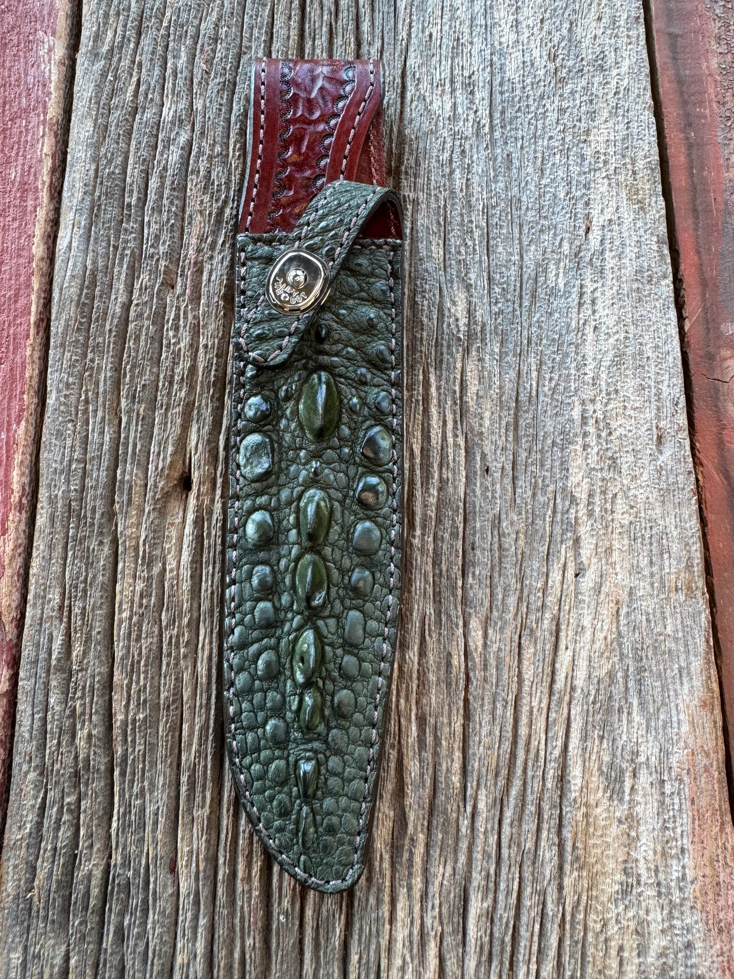 Randall Model 1-8 Grind Sheath in Exotic Green Snapping Turtle by Treeman. Spiked Dragon tail portion of the turtle.