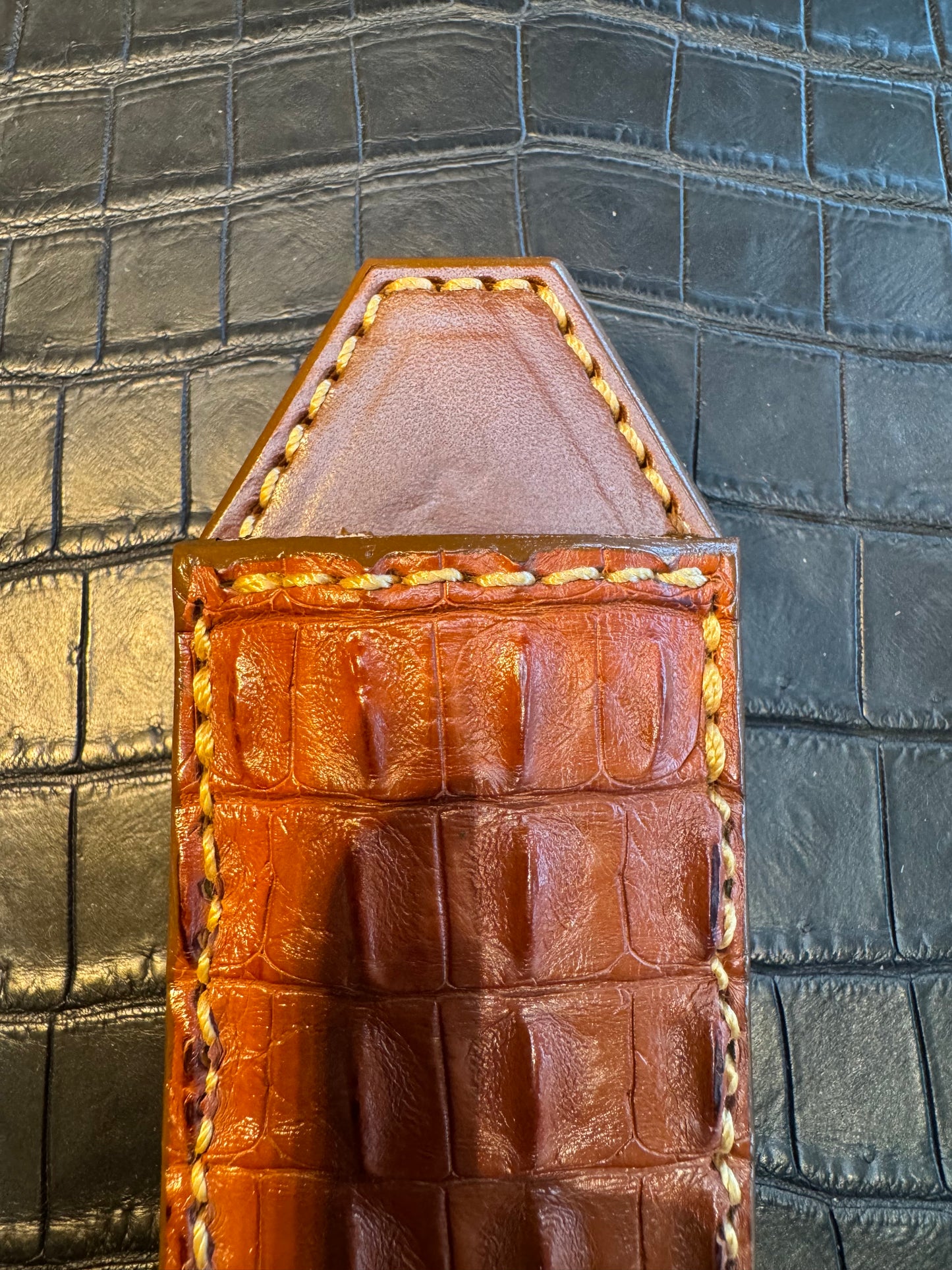 Randall Model “Gambler” 5 Inch Sheath in Exotic Honey Tan Hornback Crocodile by Treeman. (Sheath only)