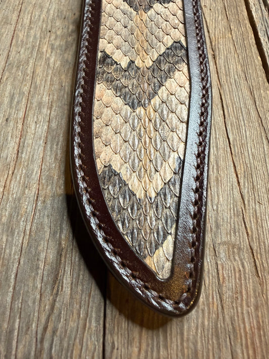 Randall Model 14 sheath with a Canebrake RattleSnake skin from Treeman Sheaths. Vibrant colors and along side Copperheads the hardest skin to source.