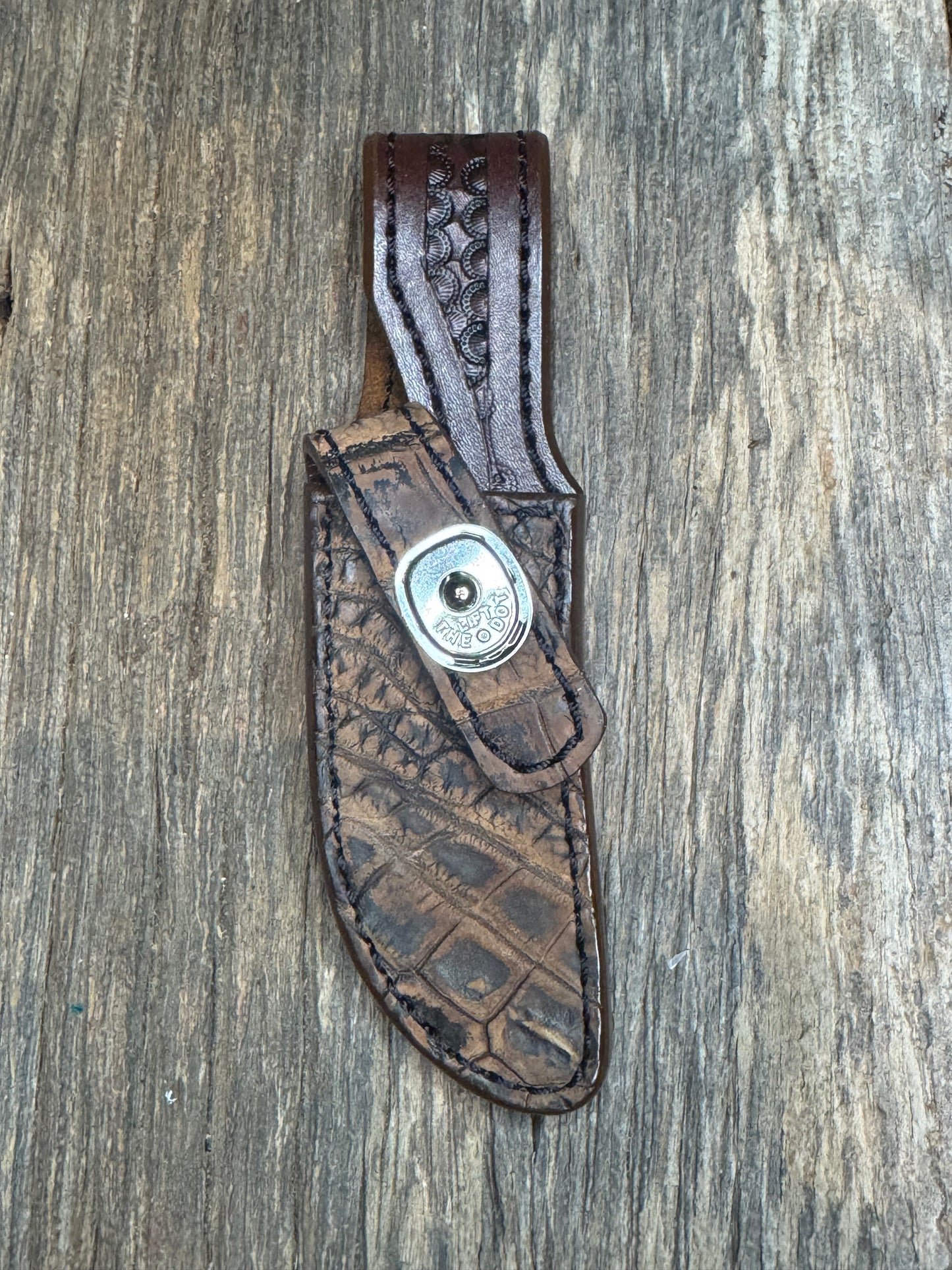 Randall Model 21 Sheath in Exotic Brown Sueded Crocodile from Treeman.