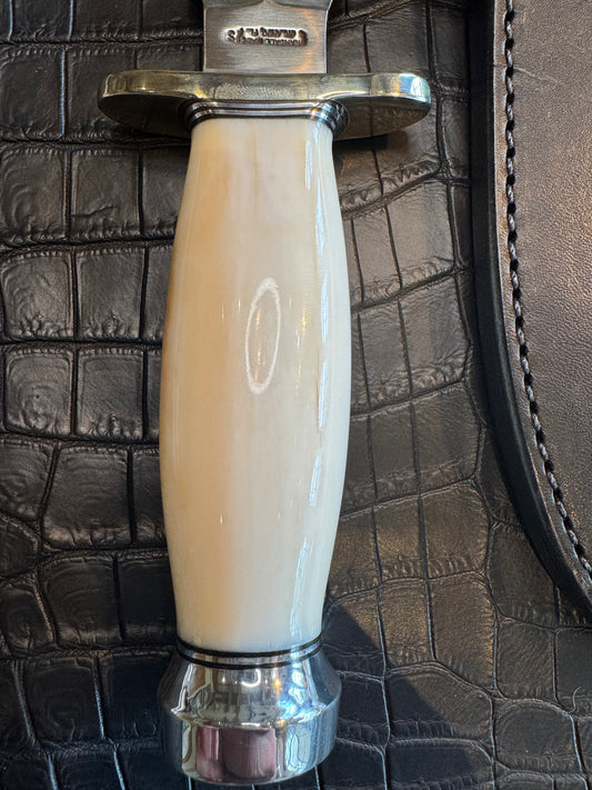 Randall Tom Clinton Dealer Special in a gorgeous piece of Creamy Fossil Walrus Ivory. Nickel Silver Hilt and Aluminum Flanged Butt cap.