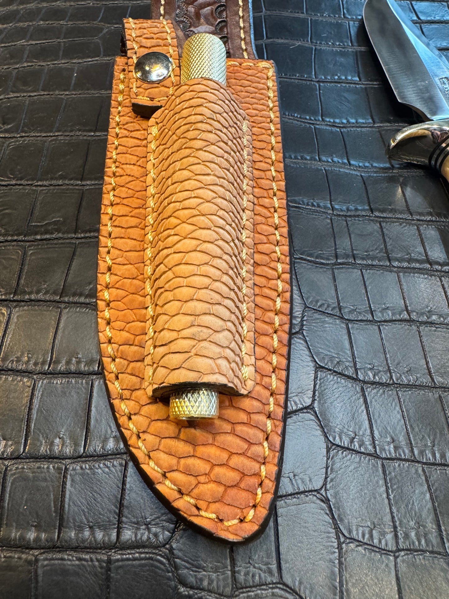 Randall Model Stanaback Special Sheath Straight Hilt and Sharpening Rod in Exotic Beaver Tail by Treeman. (Sheath only)
