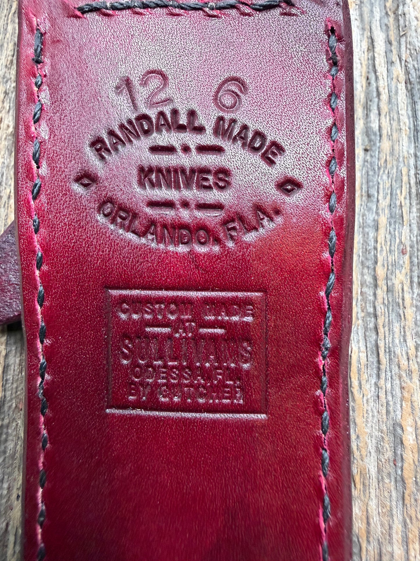 Randall Model 12-6 sheath in Ox Blood Red stamped leather from Sullivans by Gutcher. Parquet window pattern, mesmerizing !!