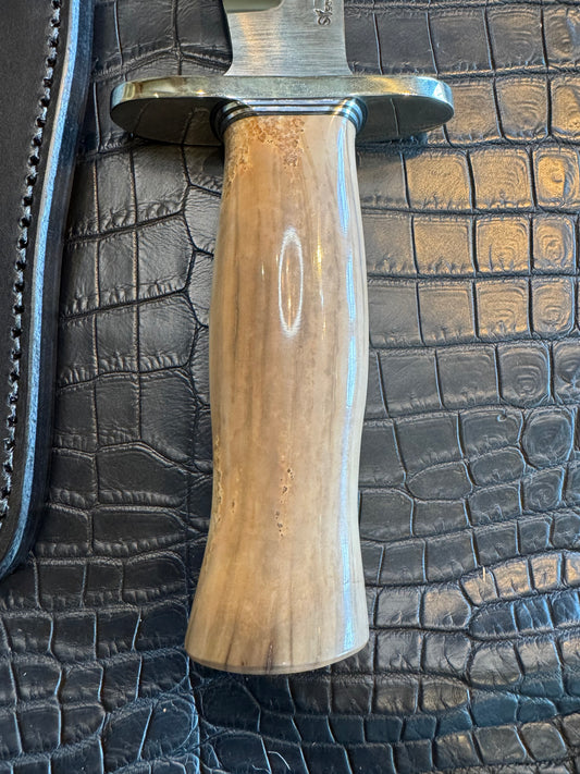 Randall Model 12-8 Big Bear in a gorgeous piece of Creamy Fossil Walrus Ivory. Nickel Silver Hilt and a natural exposed end.