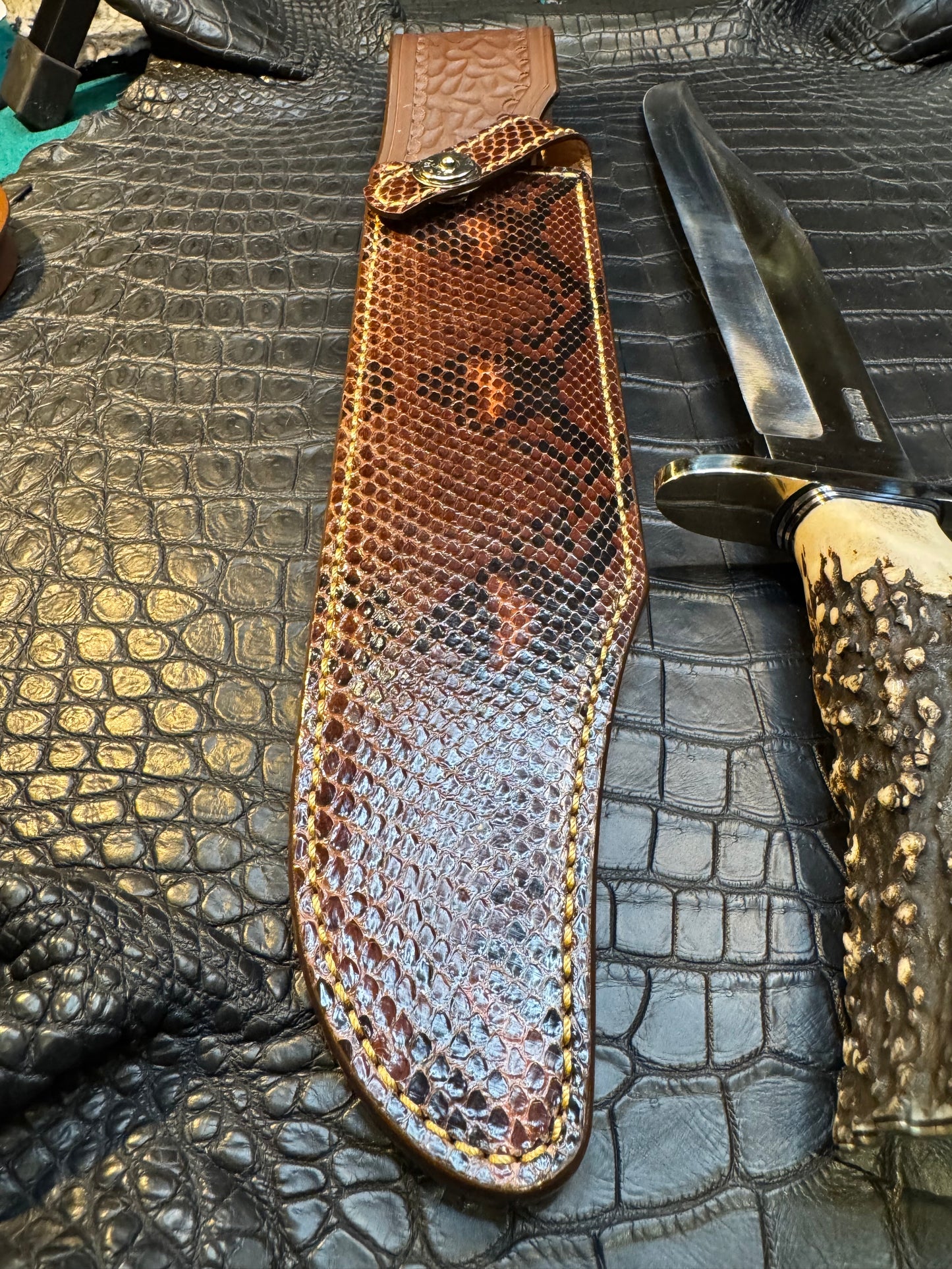 Randall Model Confederate Sheath in Exotic Brown and Black Python skin from Treeman. Sheath only.