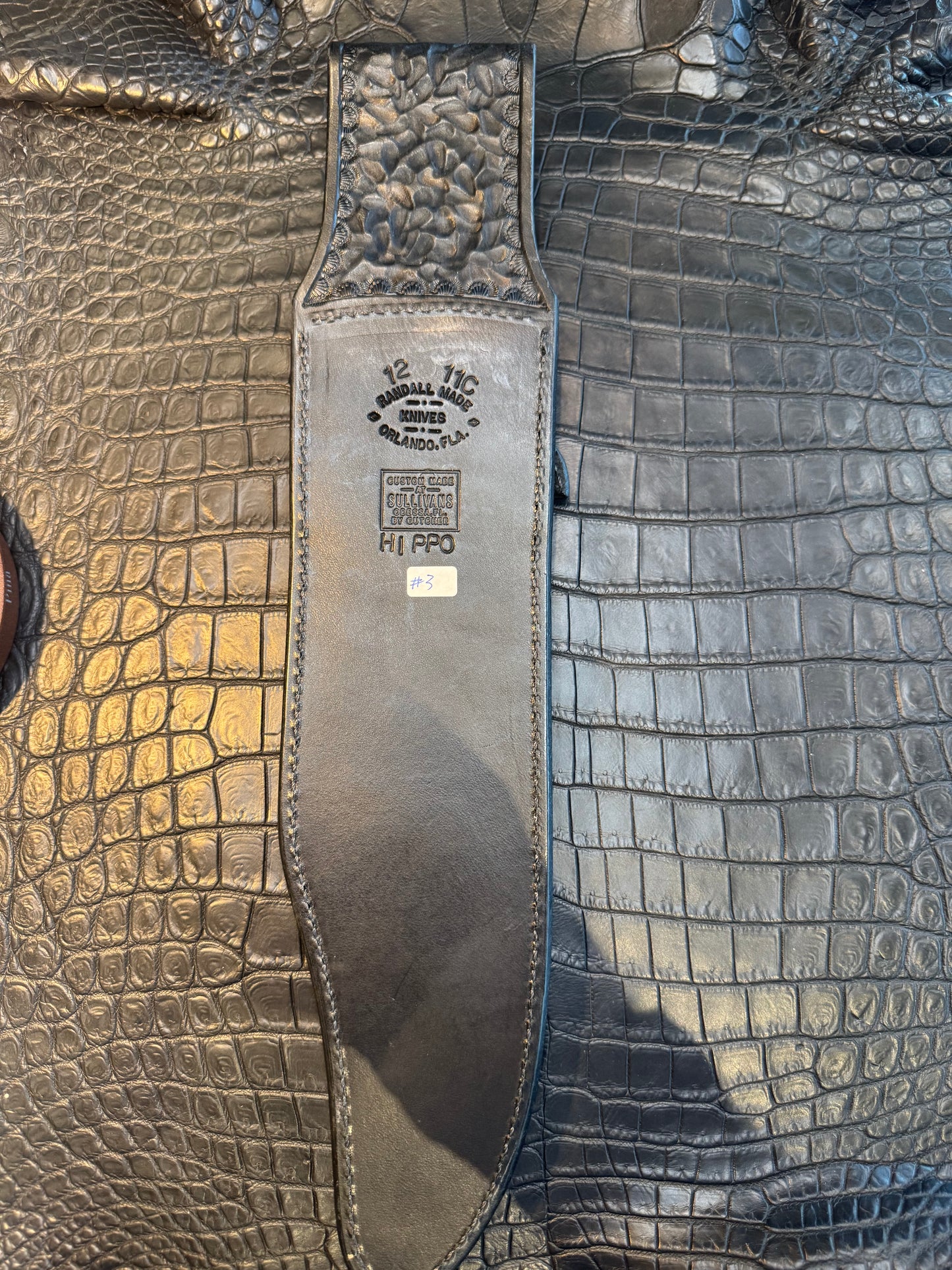 New Randall Model 12-11 Smithsonian “Smitty” Sheath in Exotic Black Hippo ( very rare) Custom Made at Sullivan’s by Gutcher.