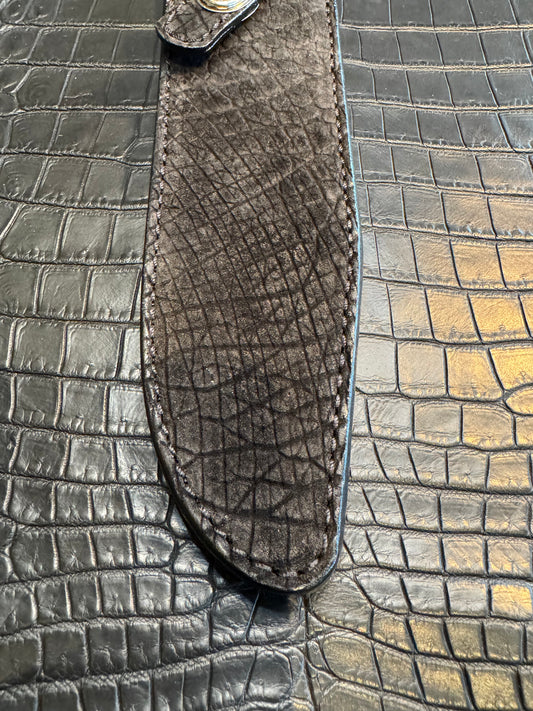 Randall Model 14 in Black Hippo Straight hilt, Canteen Snap, full brass stamping and stitching.