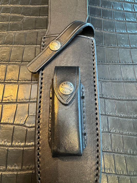 Randall Model Clinton Special Sheath (with Stone) in Black Leather made at Sullivans by Gutcher in Tampa Florida. Official sheath maker for Randall Knives.