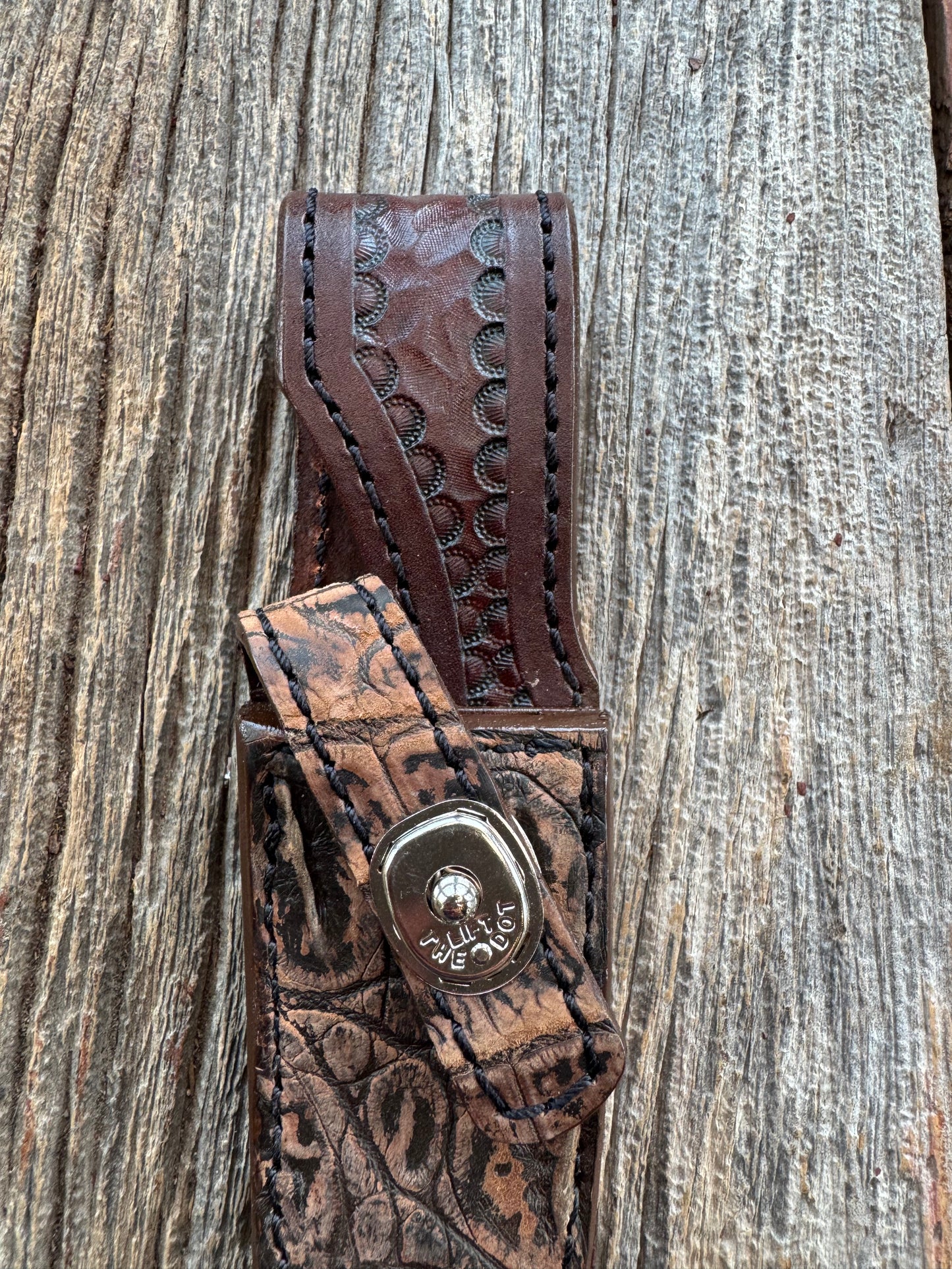 Randall Model 8-4 Sheath in Exotic Brown Sueded Crocodile from Treeman.