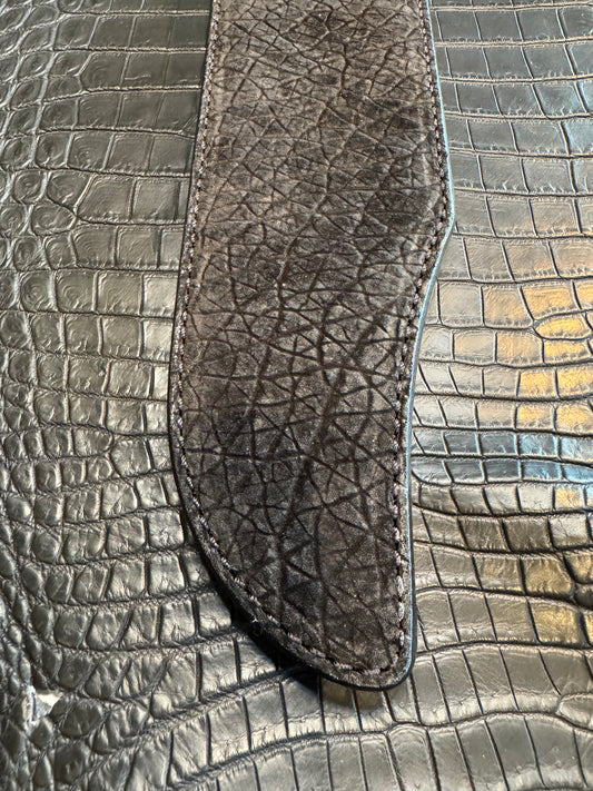 Randall Model 12-11 Smithsonian “Smitty” in Black Hippo, forward curved hilt, Canteen Snap, full brass stamping and stitching.