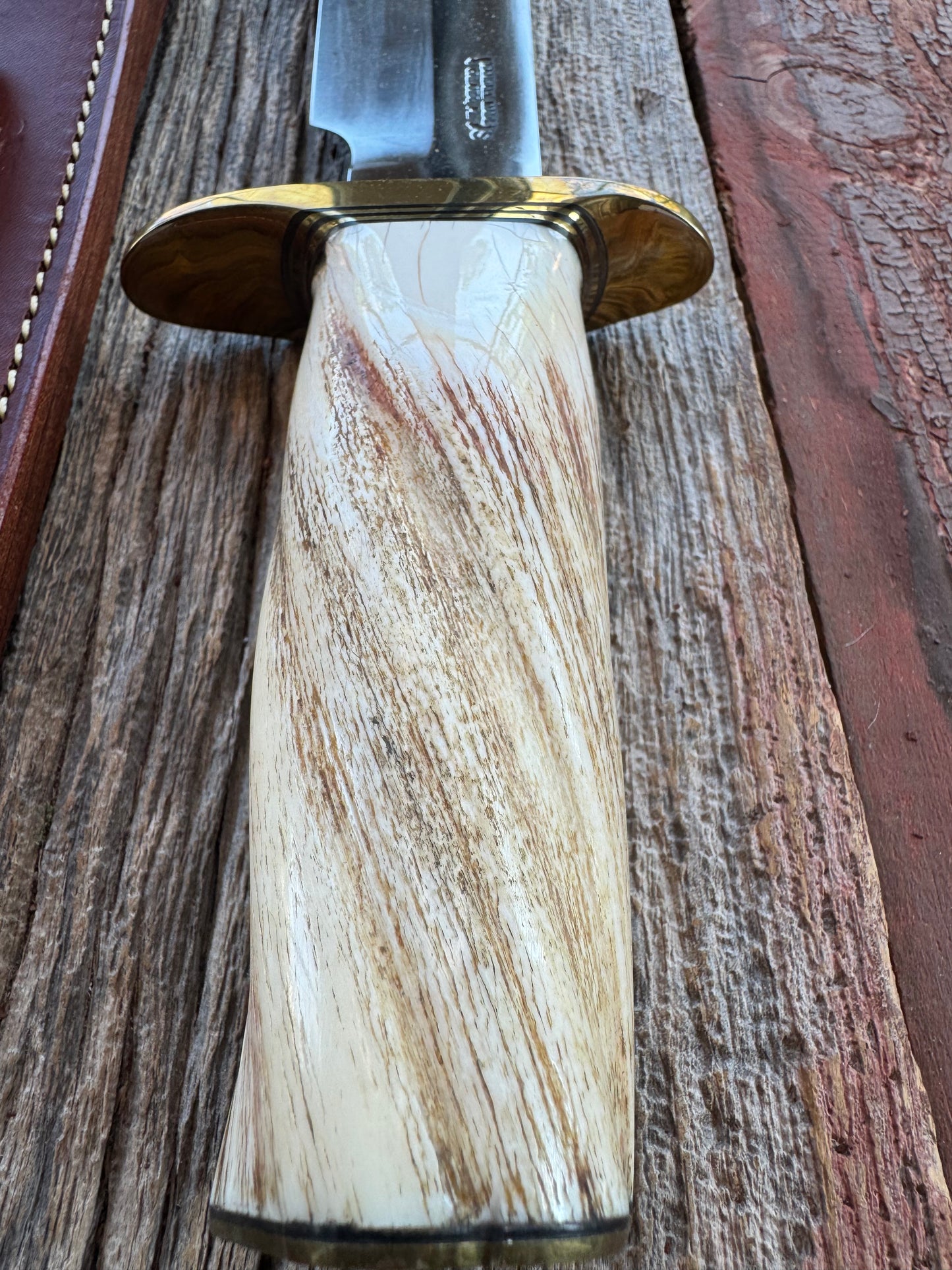 Rare Randall Model 12-9 in Beautiful Spiraled Narwal, Brass hilt and butt plate. Stainless steel, Stunning and rare. Really really fat handle.