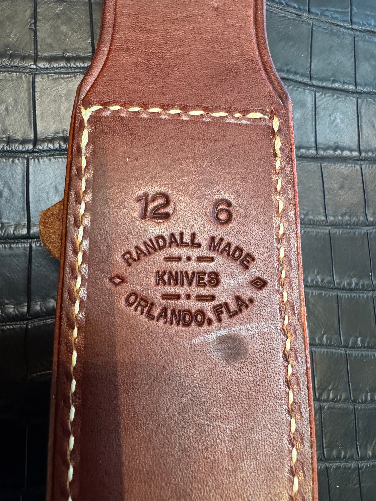 New unused Randall Model 12-6 “Little Bear” Sheath in Brown Leather made at Sullivans by Gutcher in Tampa Florida. Official sheath maker for Randall Knives.