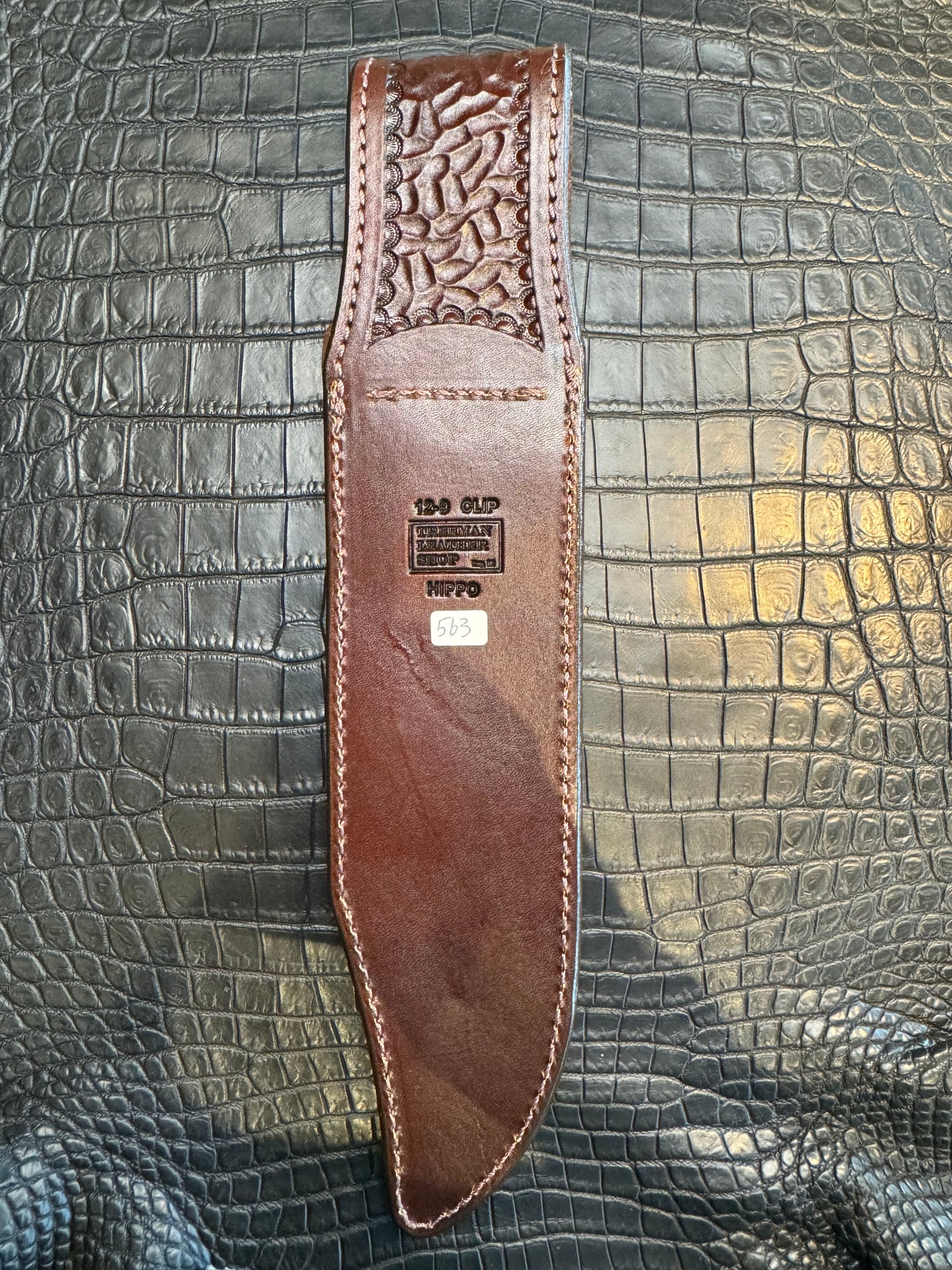 Randall Model 12-9 Bowie Clip Point in Chocolate Hippo, forward curved hilt, Canteen Snap, full brass stamping and stitching.