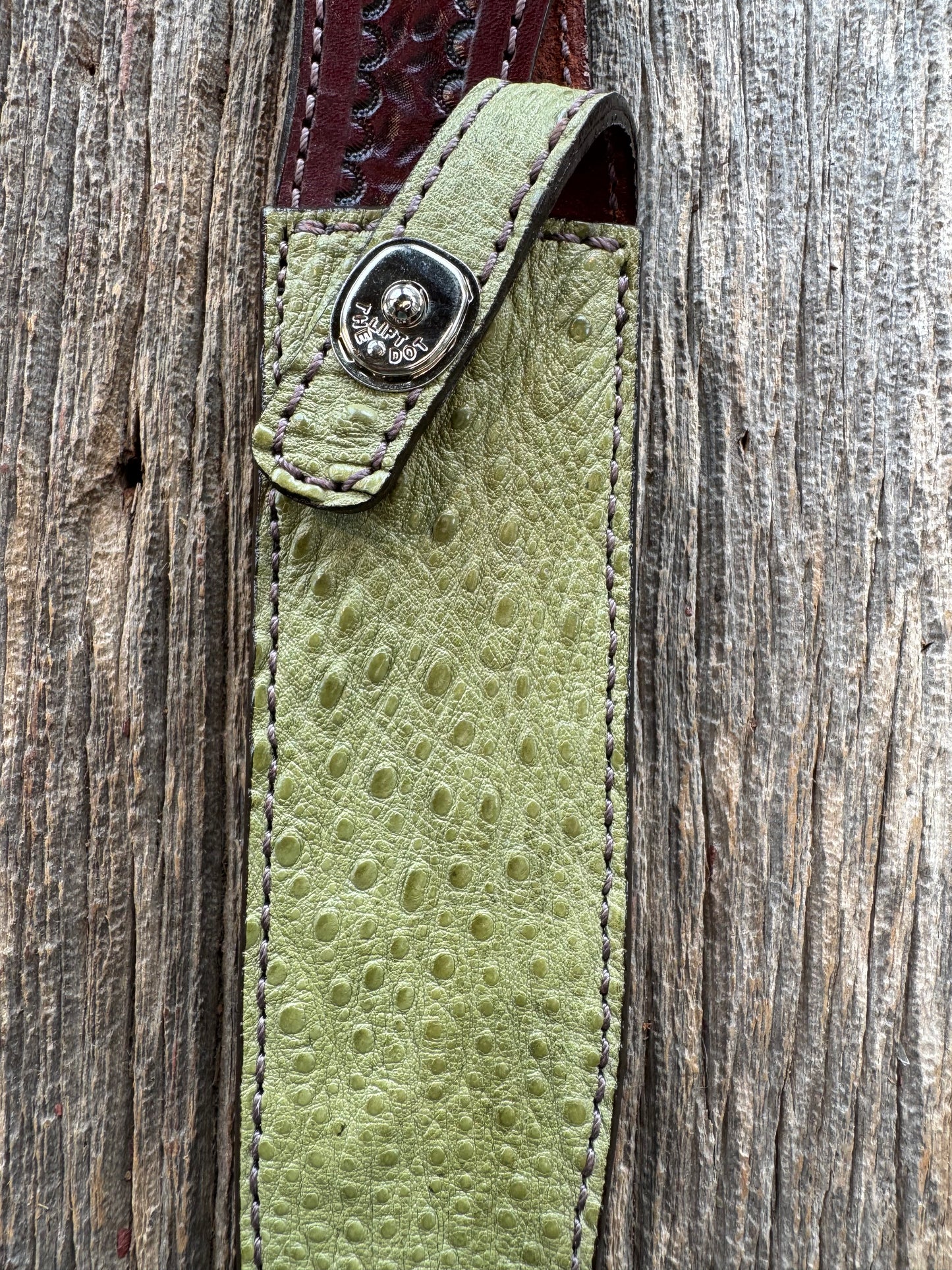 Randall Model 1-8 Sheath in Exotic Avocado Green Snapping Turtle by Treeman. Hind quarter portion of the turtle.