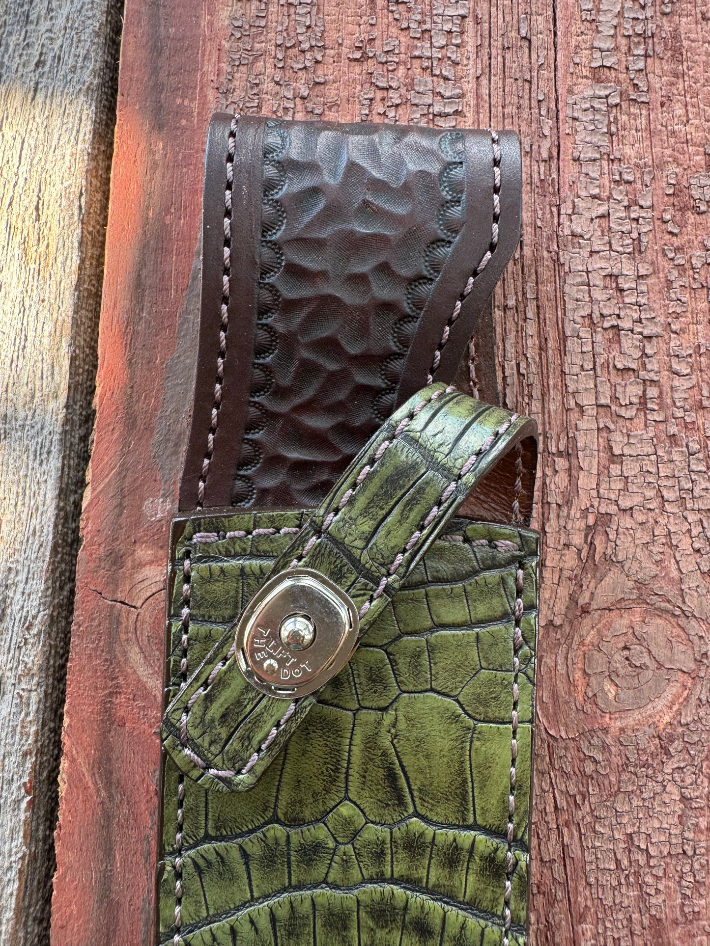 Randall Model 12-8 “Big Bear” Sheath in Exotic Army Green Crocodile by Treeman.