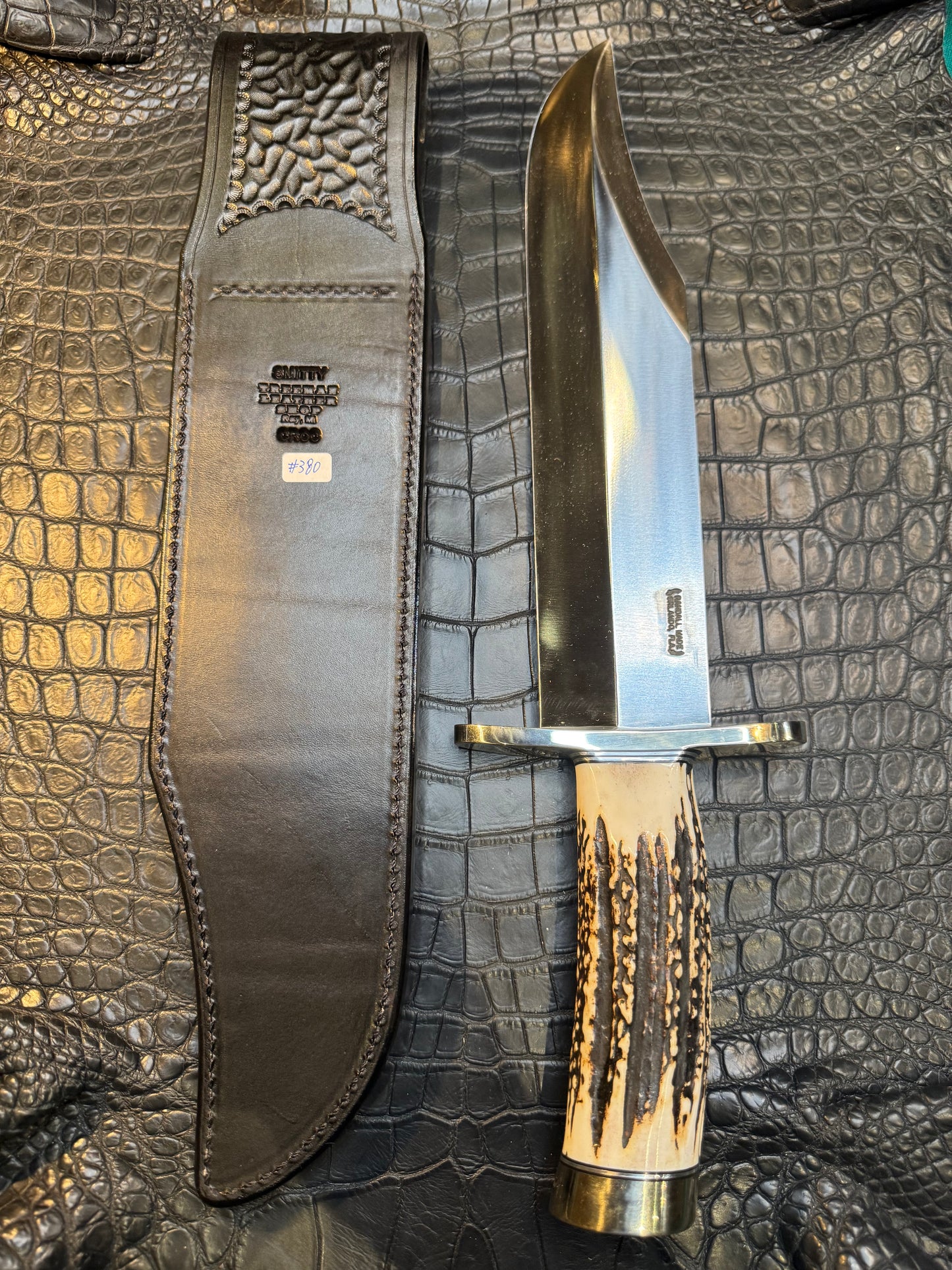 Randall Model Smithsonian “Smitty”Sheath in Exotic Australian Black Hornback ( tail ) Crocodile skin from Treeman. Sheath only
