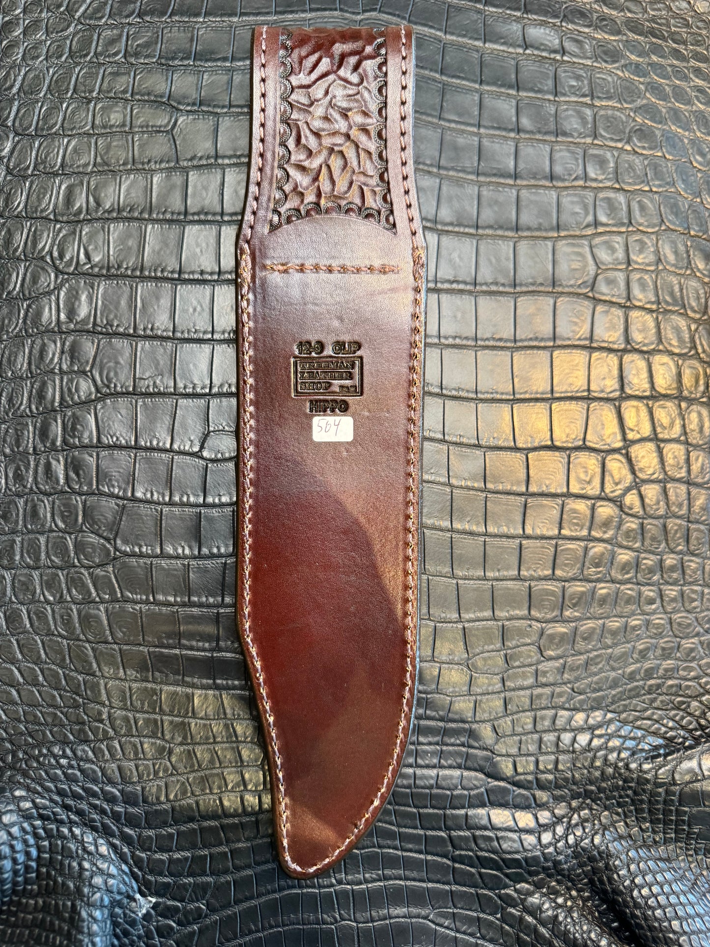 Randall Model 12-9 Bowie Clip Point in Chocolate Hippo, forward curved hilt, Canteen Snap, full brass stamping and stitching.