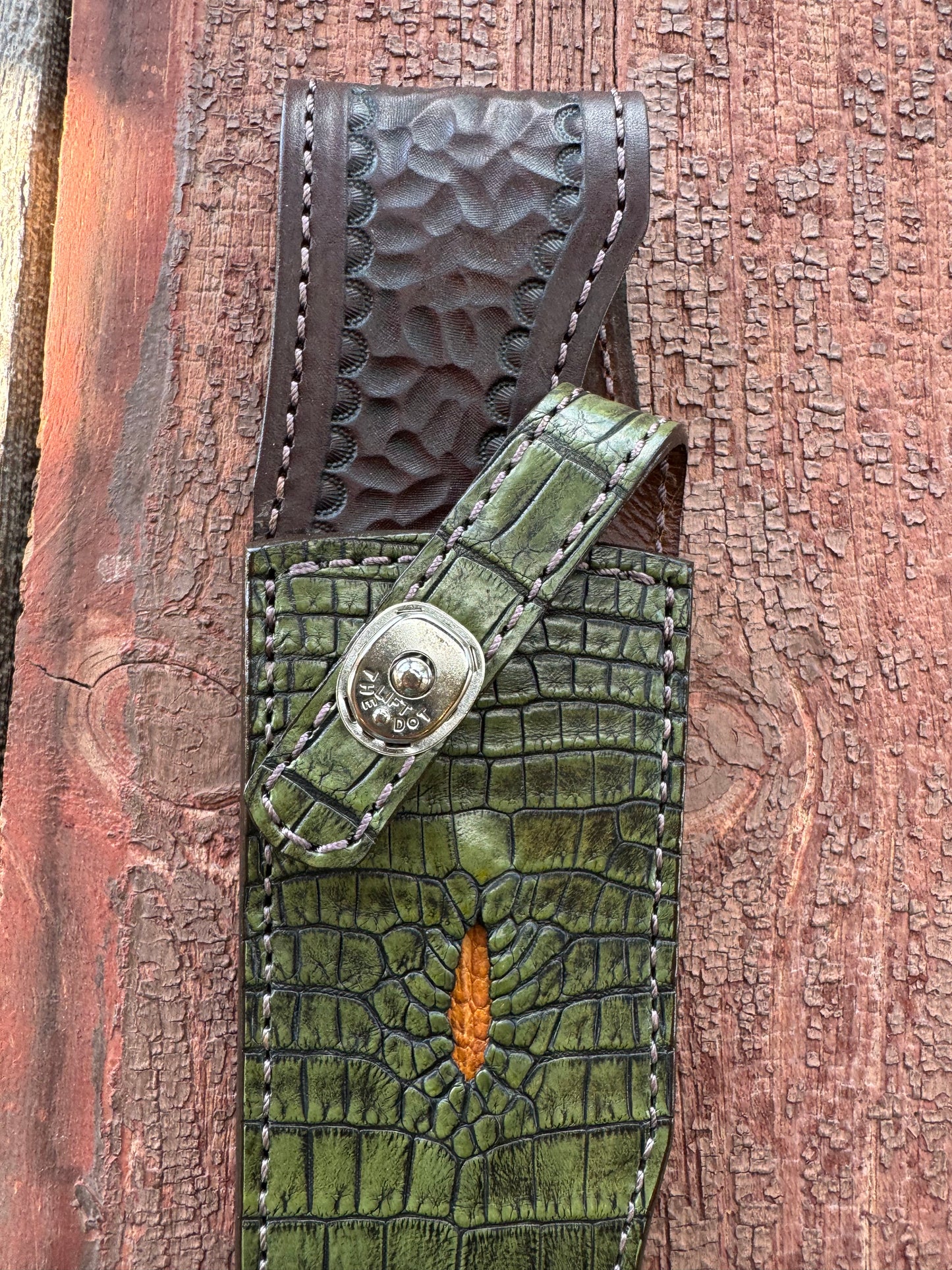 Randall Model 12-8 “Big Bear” Sheath in Exotic Army Green Crocodile Anus by Treeman.