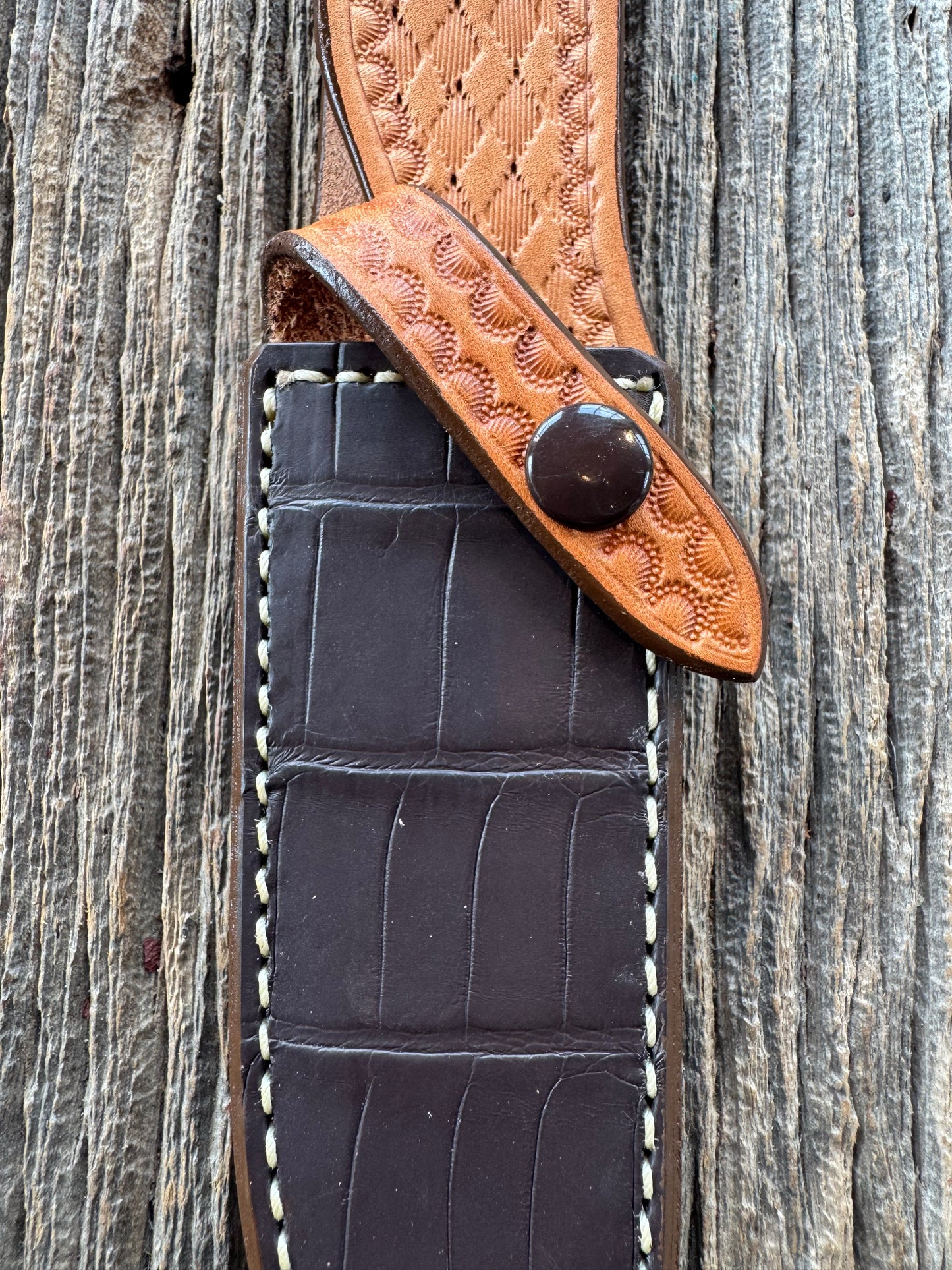 New Randall Model Combat Companion Sheath in Exotic Brown Natural Croc with full leather hand tooled belt loop. Custom Made at Sullivan’s by Gutcher.