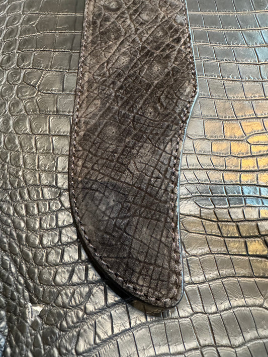 Randall Model 12-11 Smithsonian “Smitty” in Black Hippo, forward curved hilt, Canteen Snap, full brass stamping and stitching.