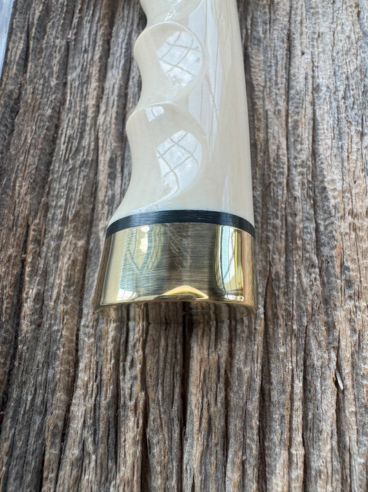 New in paper Randall Model Combat Companion with a nice piece of customer supplied Warthers Resin with finger grooves. Teeth, Stainless Steel, Brass Hilt and brass butt cap.