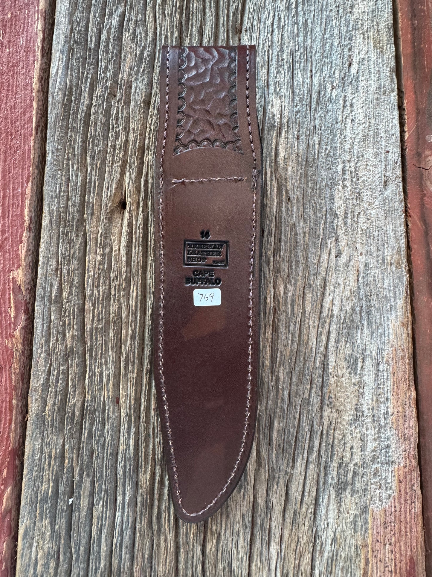 Randall Model 14 Sheath in Exotic Cape Buffalo in Dark Brown Leather from Treeman.
