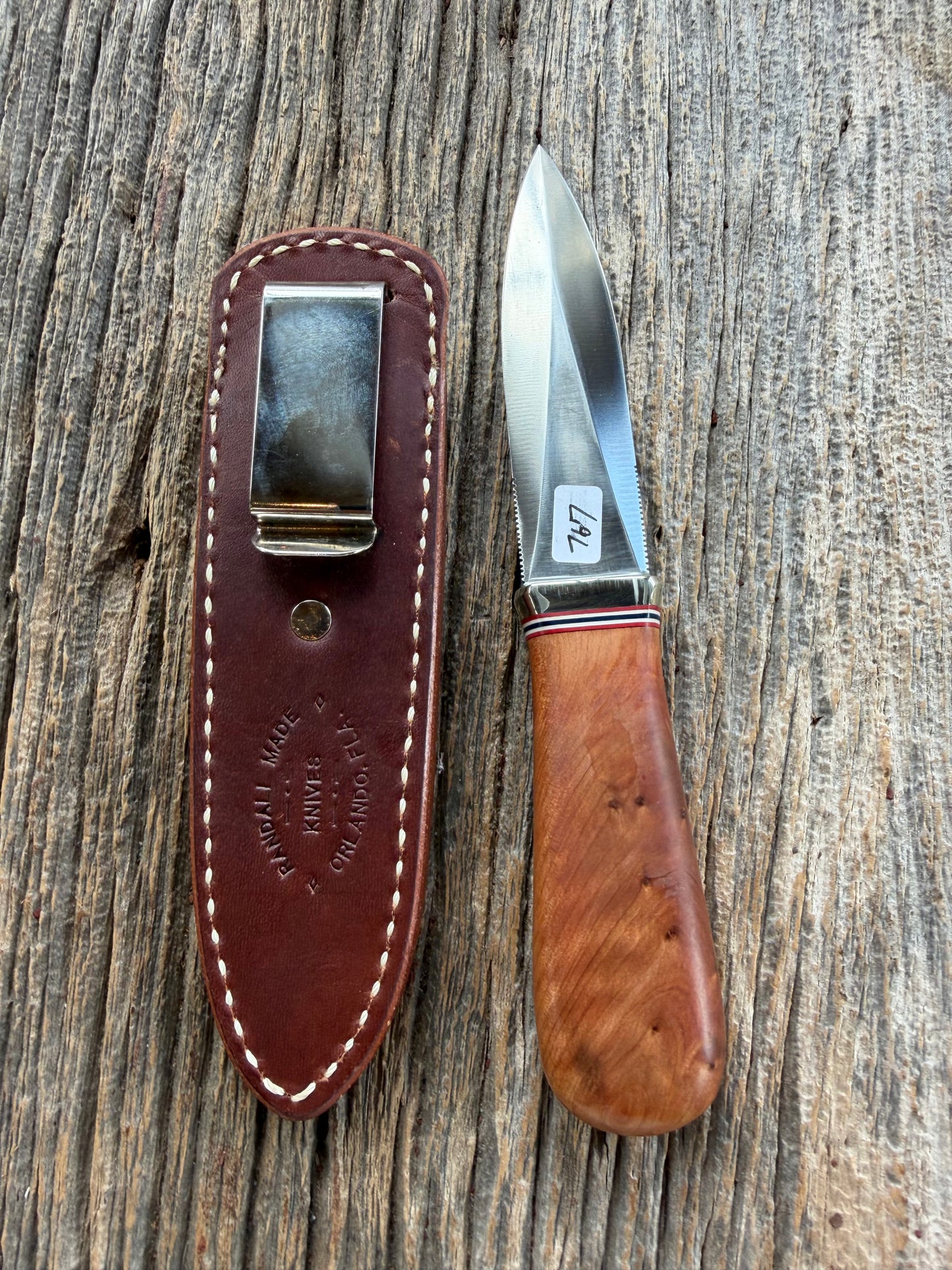Randall Model “Guardian” 4 Inch in Thuya Wood, Nickel hilt, Stainless, Red White and Blue spacers.
