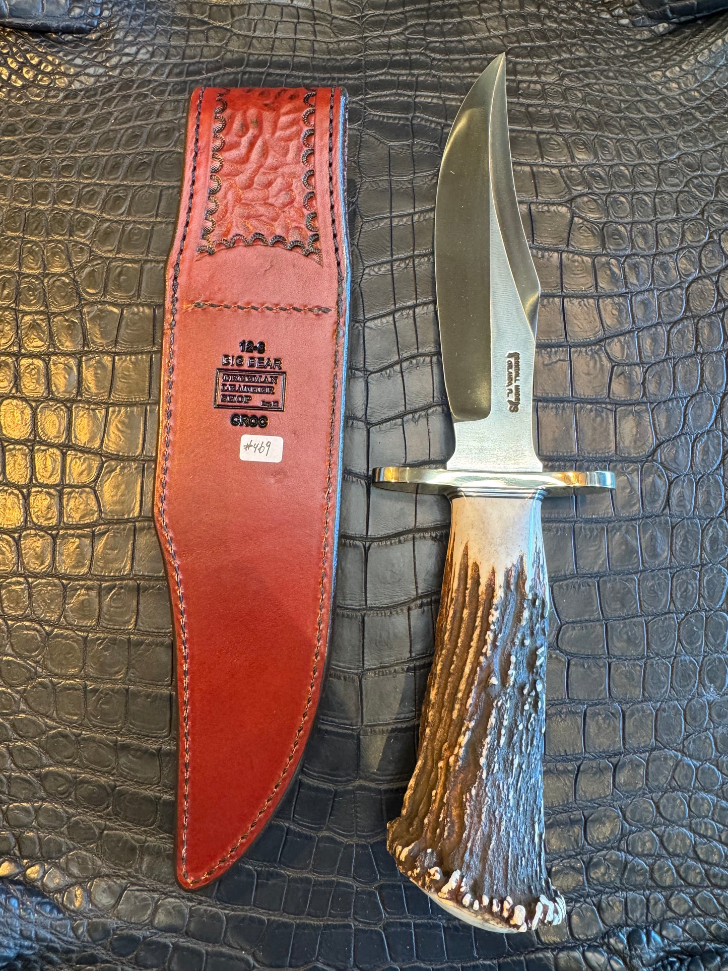 Randall Model 12-8 “Big Bear” Sheath in Exotic Army Green Crocodile by Treeman. (Sheath only)