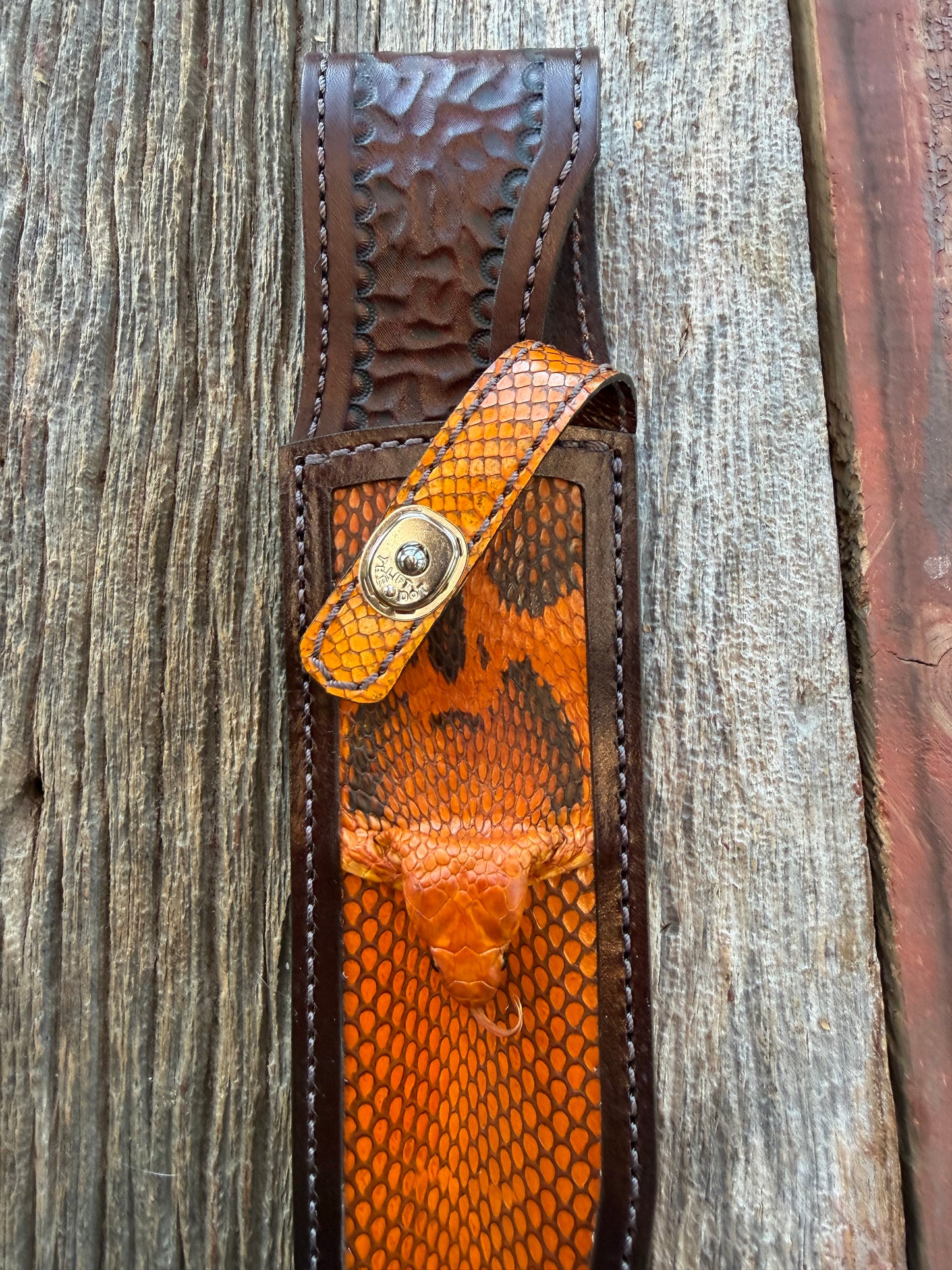New Randall Model 12-9 Bowie Sheath in Exotic Cobra with actual head by Treeman. Browns, Black and Rust, one of only a few 12-9’s I have.