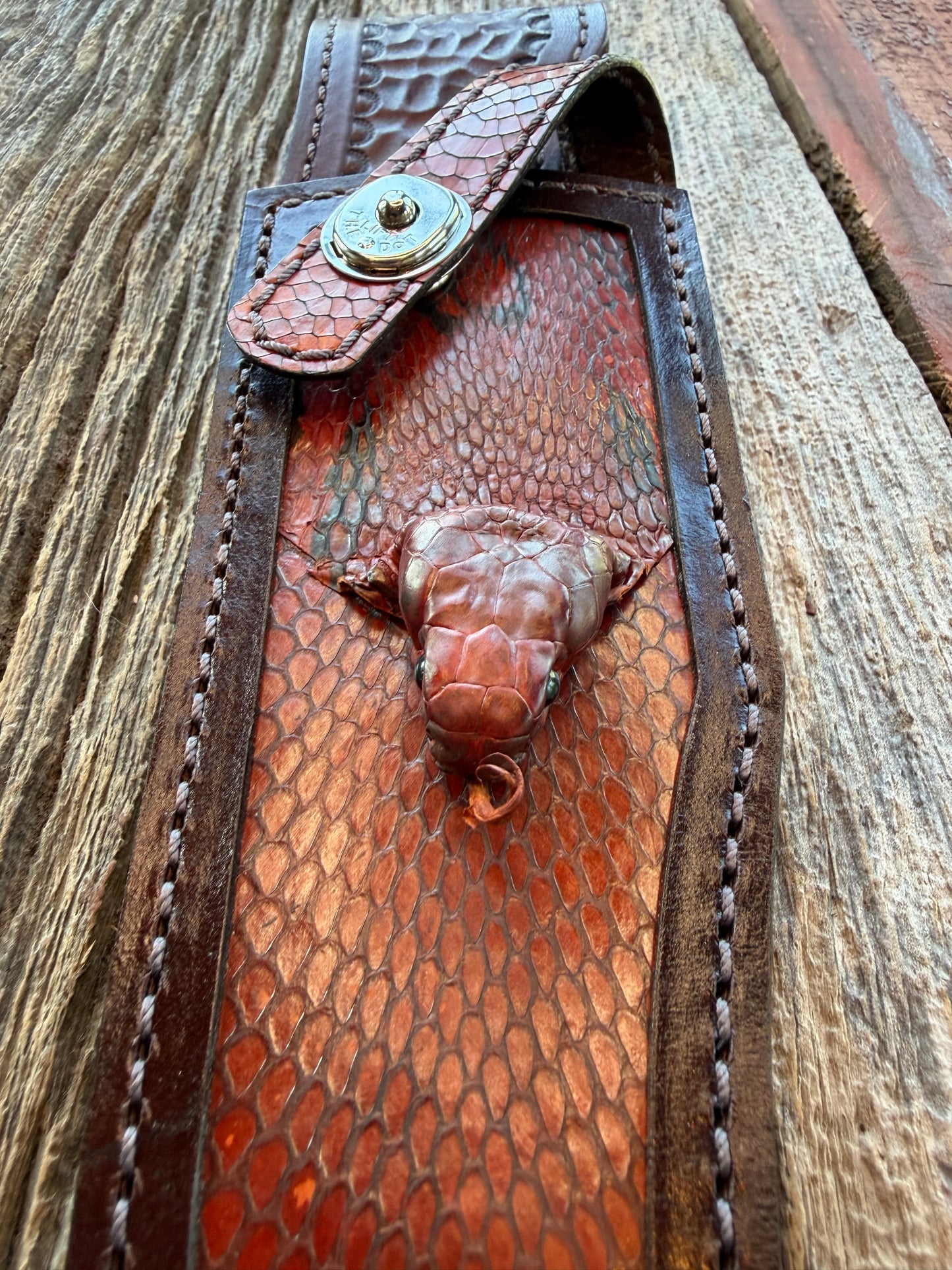 New Randall Model 12-8 Big Bear Sheath in Exotic Cobra with actual head by Treeman. Black and Browns … one of only a three I made.