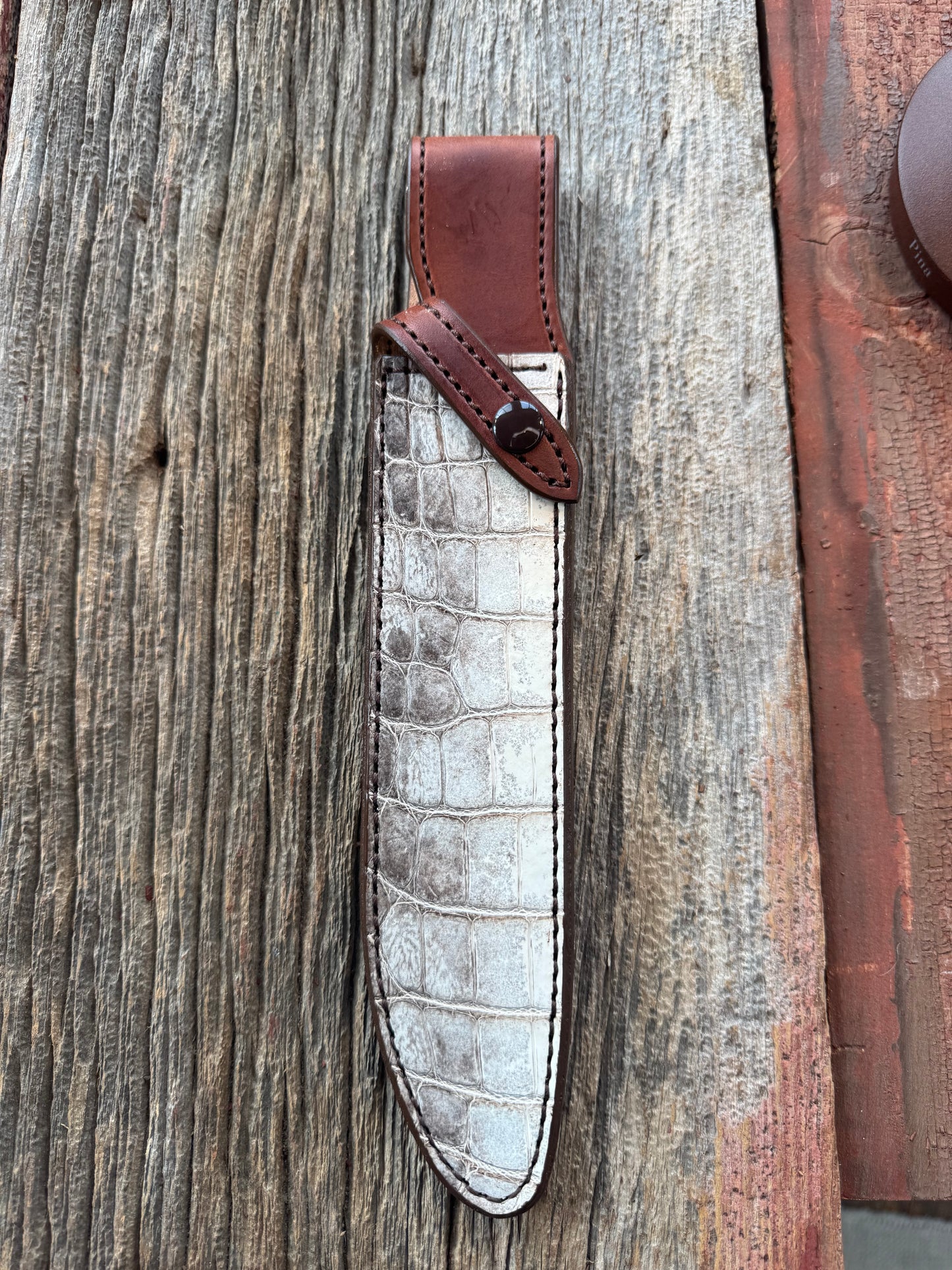 New Randall Model 1-8 or 2-8 Sheath in Exotic white and black Natural Croc with full leather belt loop. Custom Made at Sullivan’s by Gutcher.
