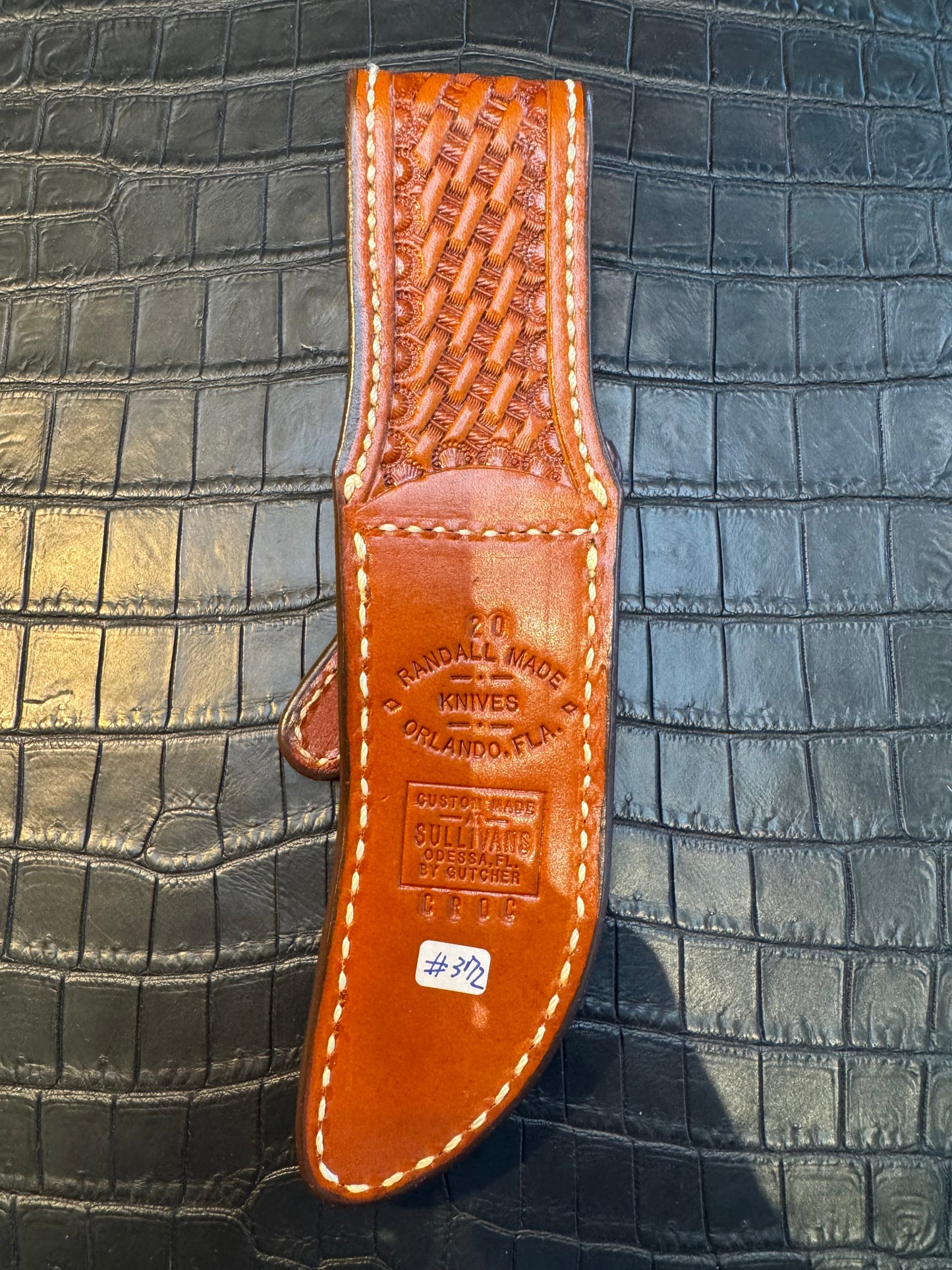 New Randall Model 20 Sheath in Exotic Brown Crocodile Custom Made at Sullivan’s by Gutcher.