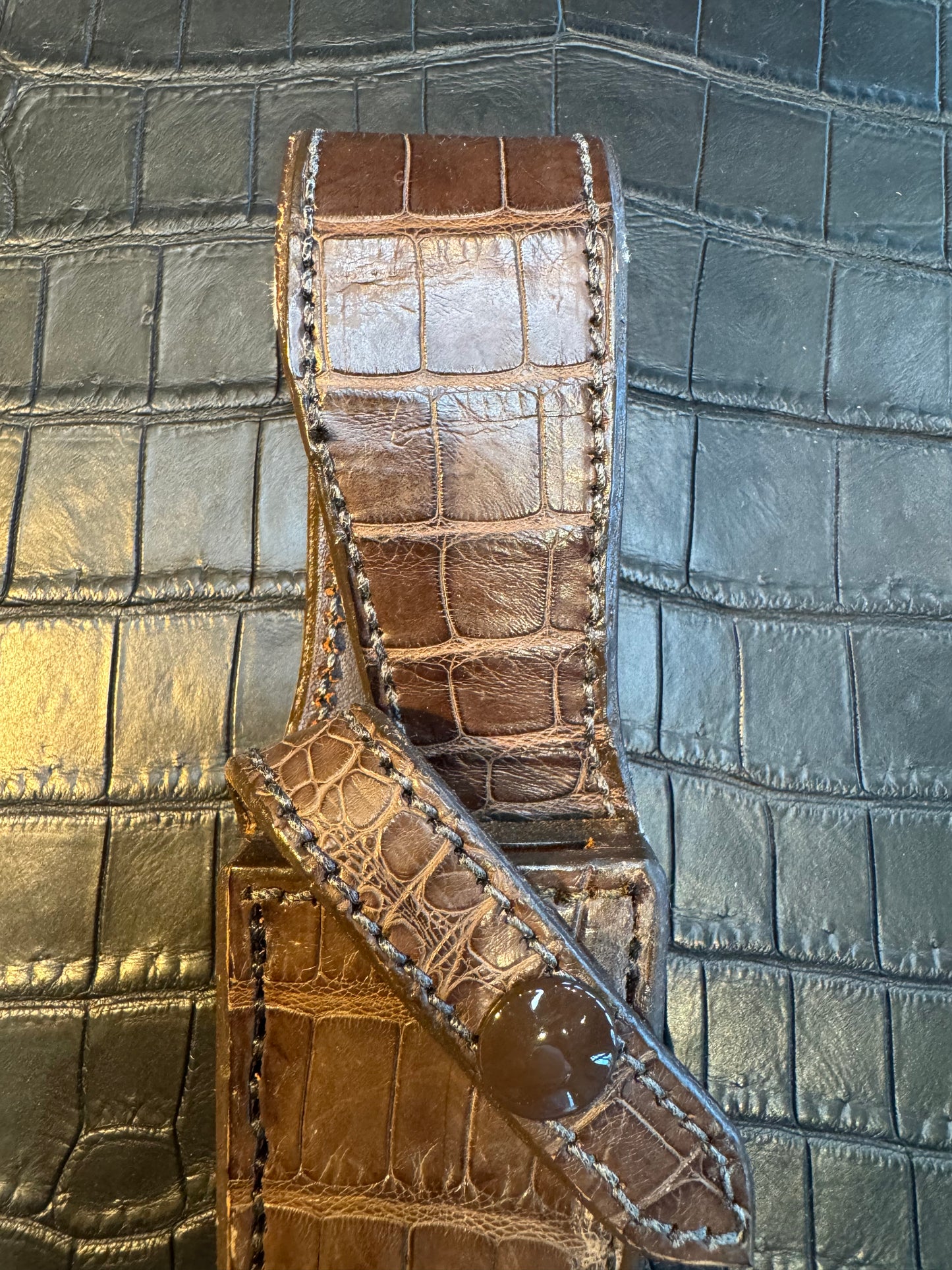 New Randall Model 8-4X Sheath in Exotic Full ( both sides) Brown Crocodile Custom Made at Sullivan’s by Gutcher.