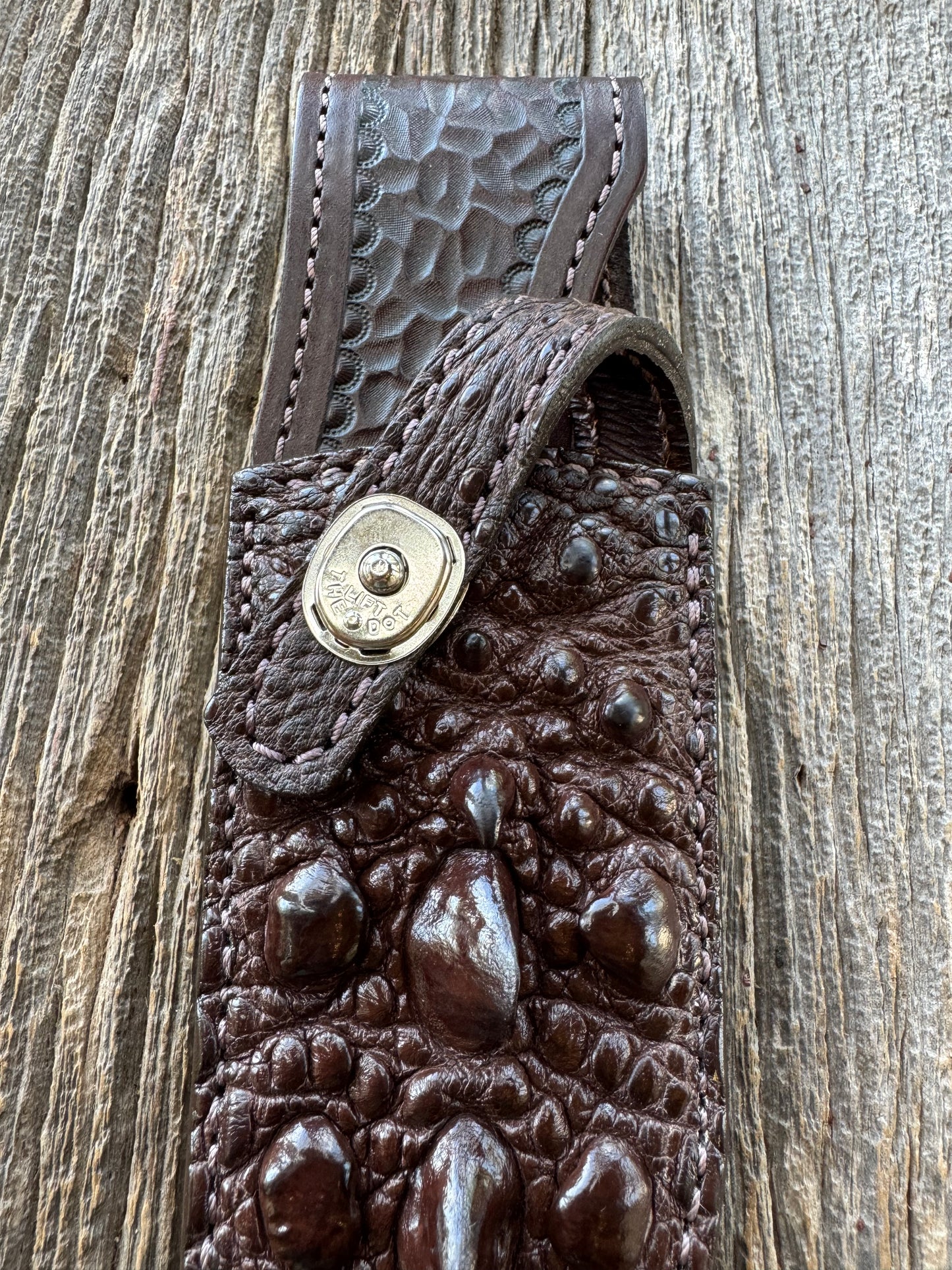 Randall Model 12-8 “Big Bear” Sheath in Exotic Dark Brown Snapping Turtle by Treeman. Spiked Dragon tail portion of the turtle.