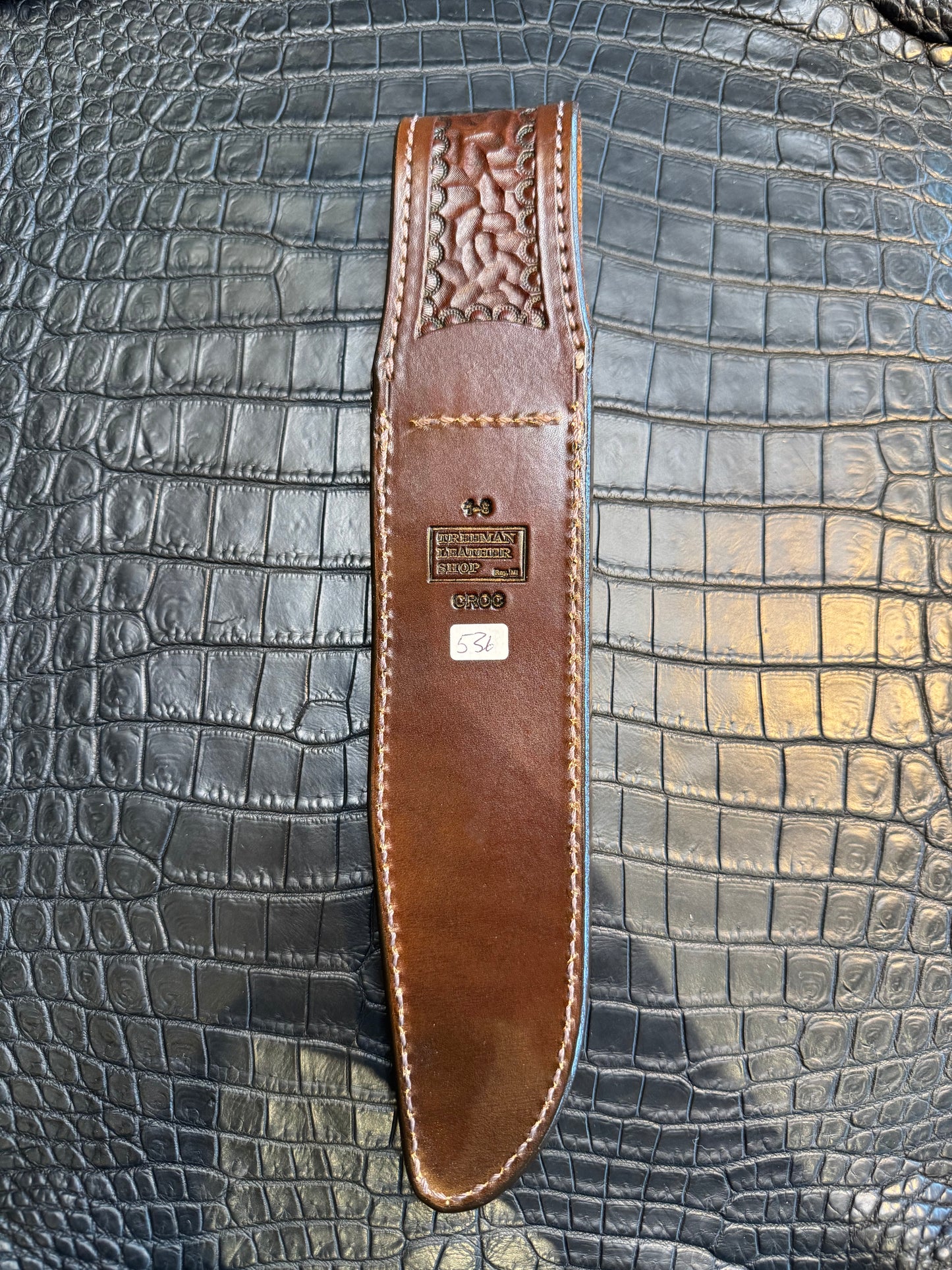 Randall Model 1-8 in Army Green Crocodile. Straight hilt, Canteen Snap, full brass stamping and stitching.