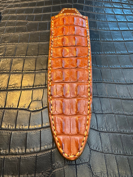 Randall Model “Gambler” 5 Inch Sheath in Exotic Honey Tan Hornback Crocodile by Treeman. (Sheath only)