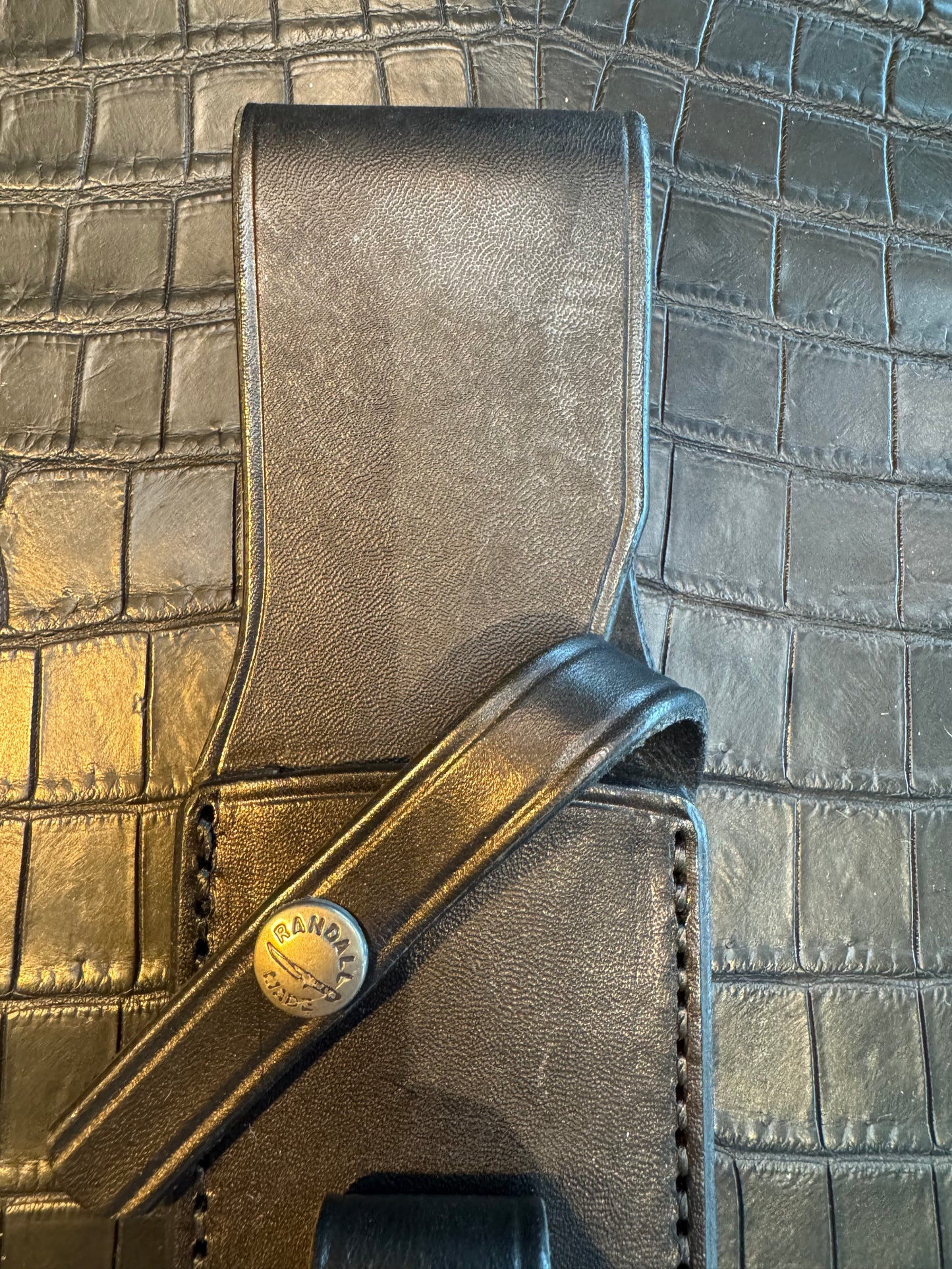 Randall Model Clinton Special Sheath (with Stone) in Black Leather made at Sullivans by Gutcher in Tampa Florida. Official sheath maker for Randall Knives.