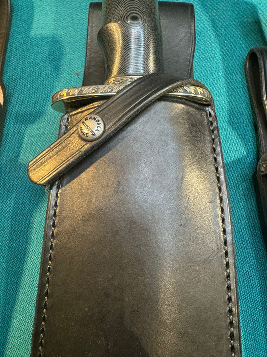 David Purdue Engraved Pristine pair of Randall Dealer Specials Large and Small Sasquatch’s with original sheaths and a matching pair of Exotic Treeman Brown Elephant Sheaths