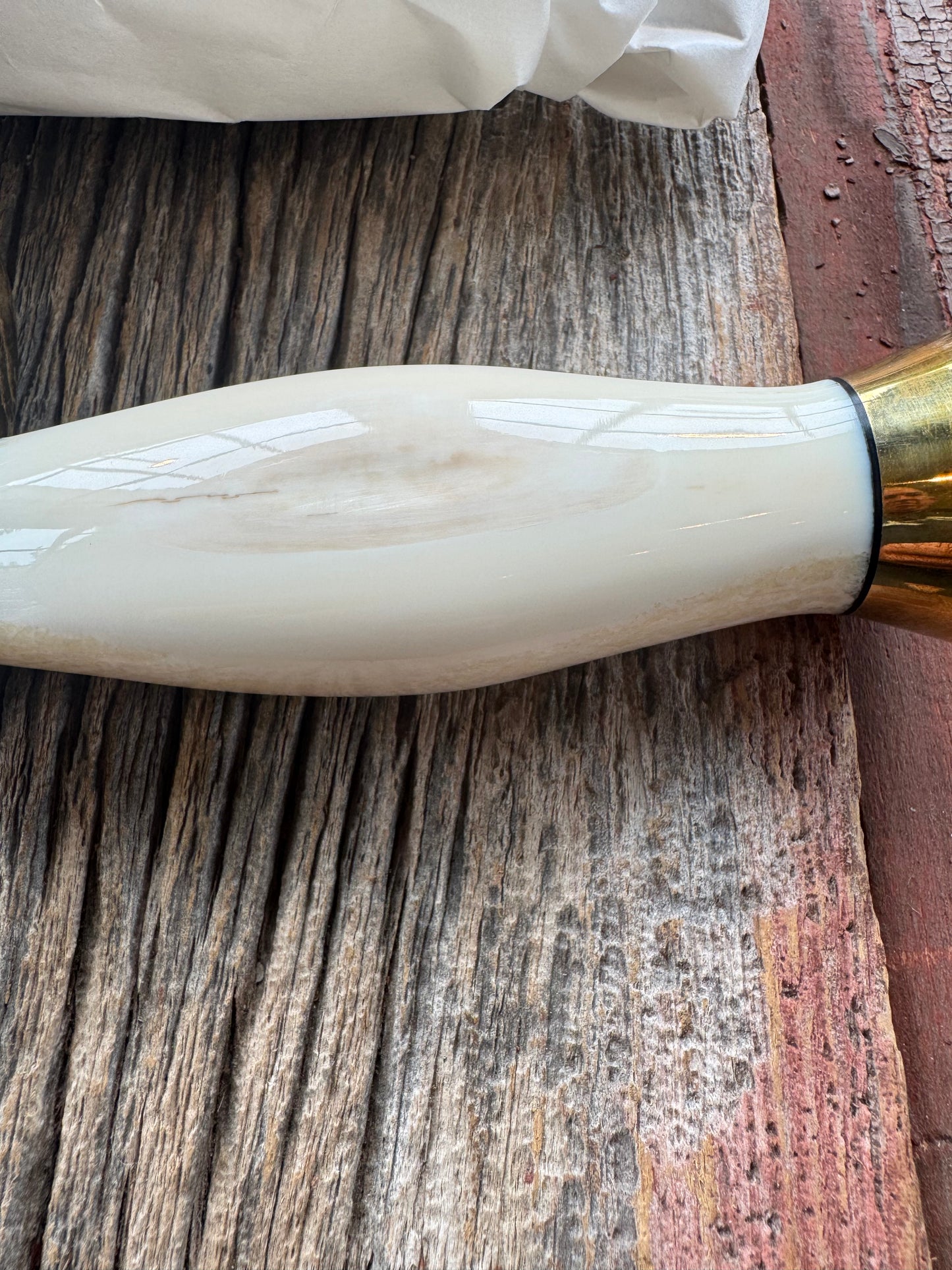 New in paper Randall Knife Model 12-8 Big Bear. Gorgeous piece of off white Fossil Walrus Ivory. Brass hilt, collar and butt cap, Stainless steel.