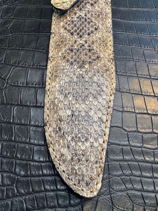 Randall Model 14 in rare Rattlesnake, Straight hilt, Canteen Snap, full brass stamping and stitching.