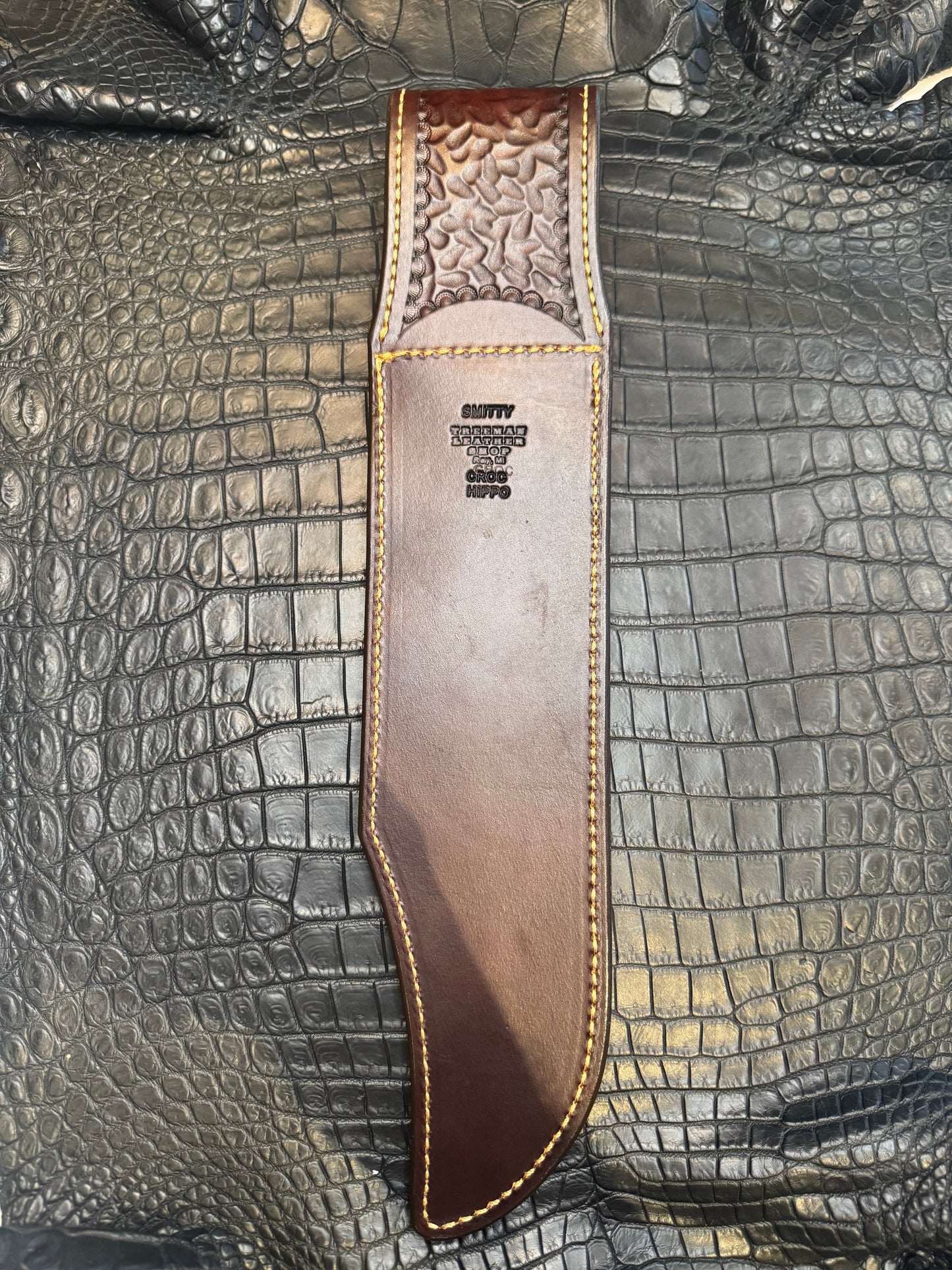 Randall Model 12-11 Smithsonian “Smitty” Exotic Sheath in Brown Antique Safari Crocodile Anus with a Hippo Insert by Treeman.