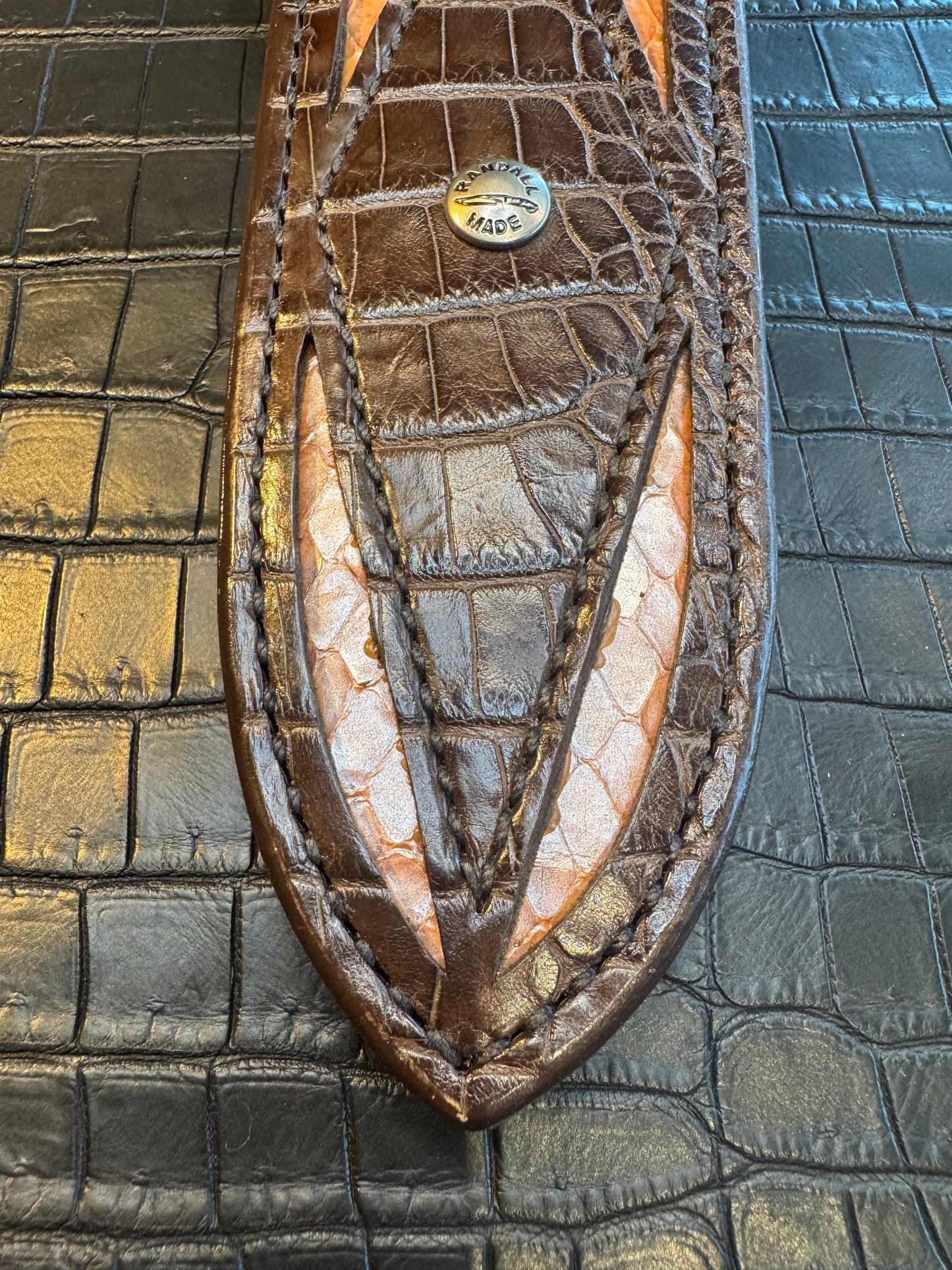 Randall Model Clinton Special Sheath in Exotic Diamond Pattern Inlaid with Brown Crocodile over Python Custom Made at Sullivan’s by Gutcher.