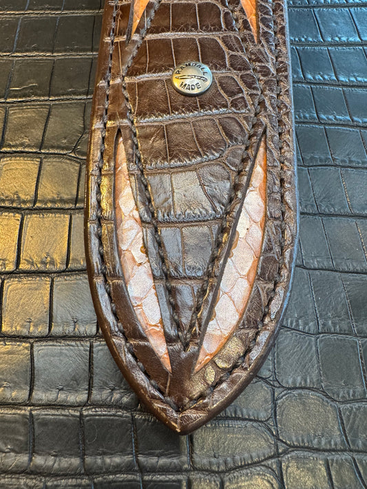 Randall Model Clinton Special Sheath in Exotic Diamond Pattern Inlaid with Brown Crocodile over Python Custom Made at Sullivan’s by Gutcher.